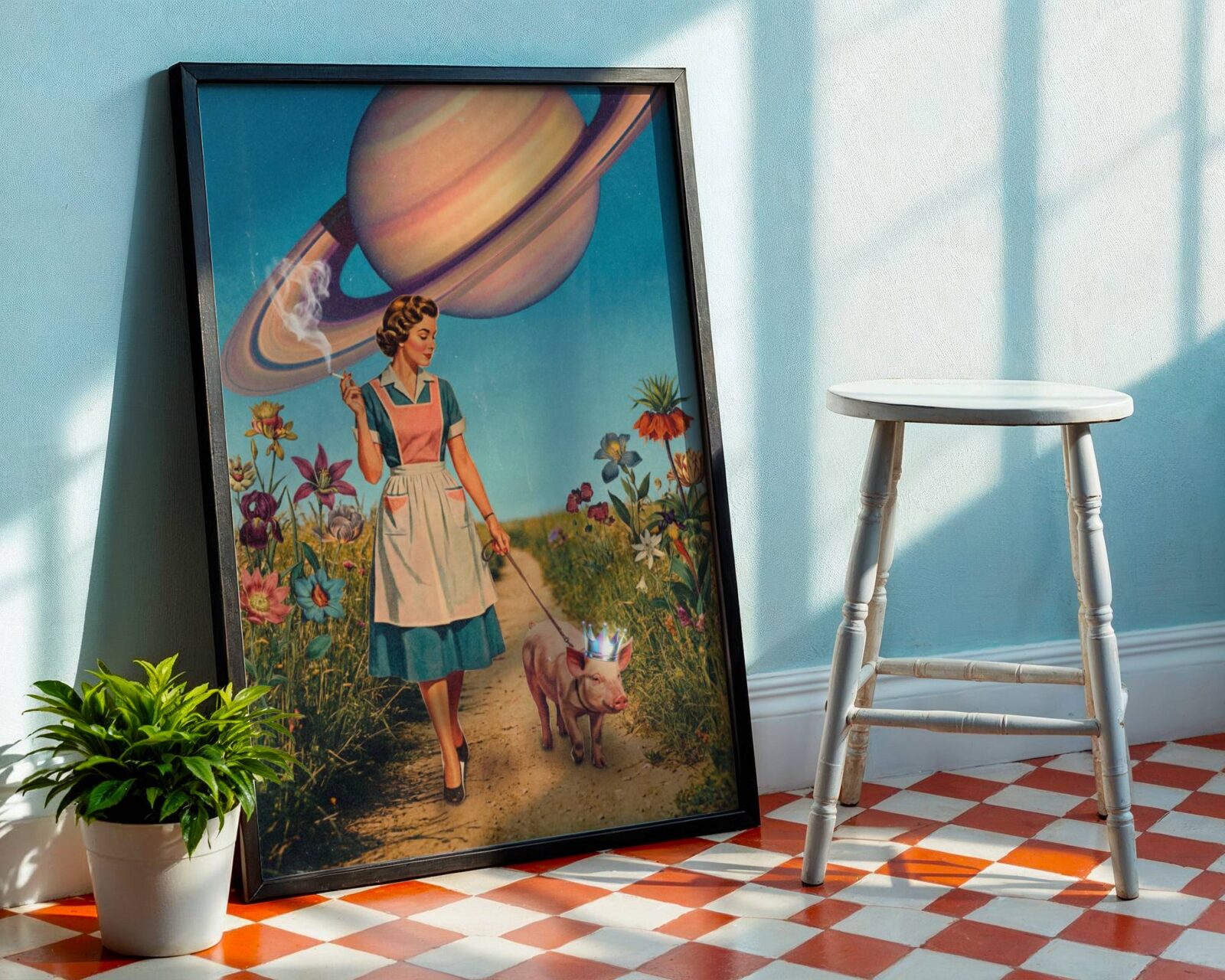 Warm pastel retro collage of an elegant 1950s housewife smoking a cigarette while walking a holographic-crowned pig through wildflowers on a country path beneath an enormous Saturn planet – unframed funny vintage sci-fi collage art poster, ufoposter.com