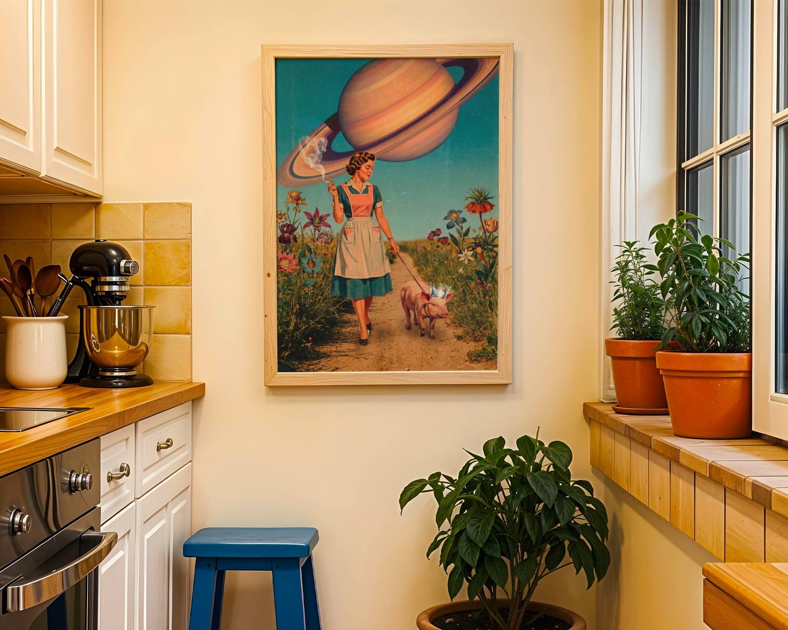 Warm pastel vintage collage of a composed 1950s housewife smoking elegantly while leading a holographic-crowned pig down a flower-lined path under a giant ringed Saturn — the most charming funny wall art for any kitchen – unframed retro Saturn kitchen poster, ufoposter.com