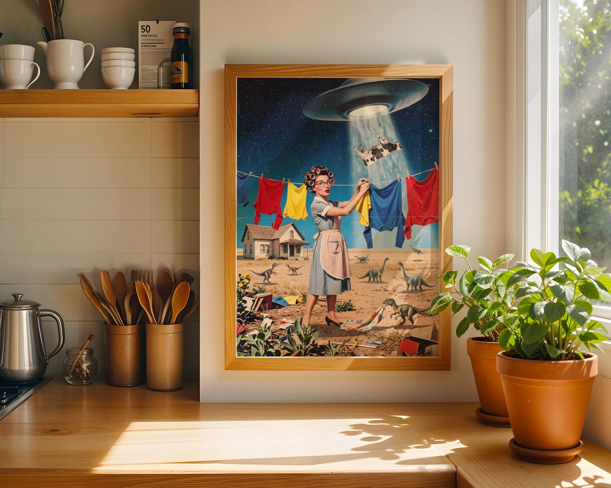 Bright and bold vintage collage of a 1950s housewife calmly hanging colourful washing as a UFO abducts a cow in the night sky above and dinosaurs roam freely around her farmhouse — hilarious funny wall art for any kitchen – unframed retro UFO kitchen poster, ufoposter.com