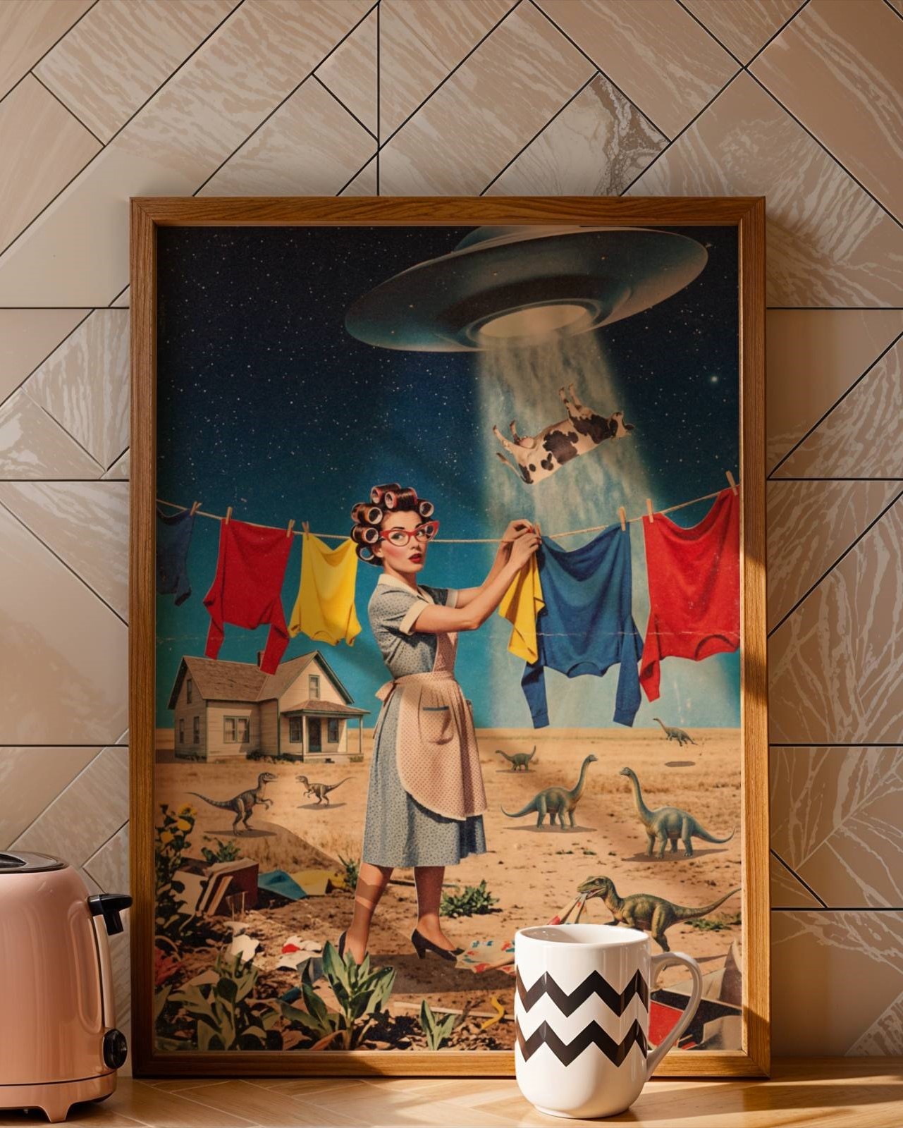 Bright colourful retro collage of a 1950s housewife in hair rollers hanging laundry while a UFO abducts a cow overhead and dinosaurs roam the prairie behind her — a brilliantly funny retro kitchen wall art print – unframed funny retro poster for kitchen, ufoposter.com