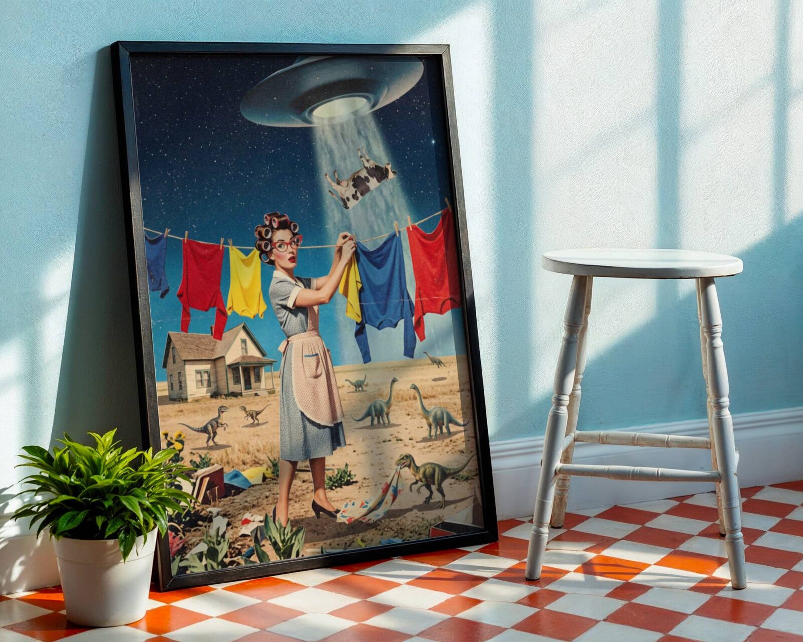 Bright vintage retro collage of a determined 1950s housewife pegging laundry on a sunny prairie while a UFO abducts a cow overhead and multiple dinosaurs wander the dusty plains behind her farmhouse – unframed funny sci-fi collage art poster, ufoposter.com