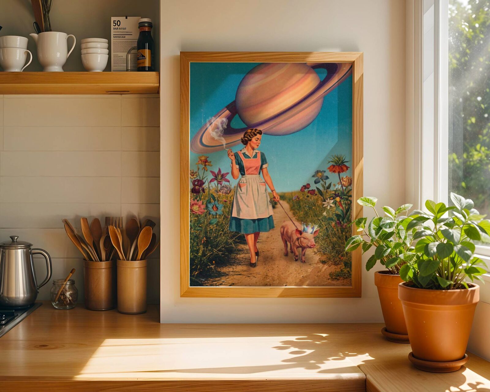 Warm pastel retro vintage collage of a 1950s housewife smoking a cigarette while walking a holographic-crowned pig through a wildflower path under a giant Saturn — a colourful, funny and joyful retro wall art print that brings warmth and personality to bedroom decor – unframed funny retro bedroom poster, ufoposter.com