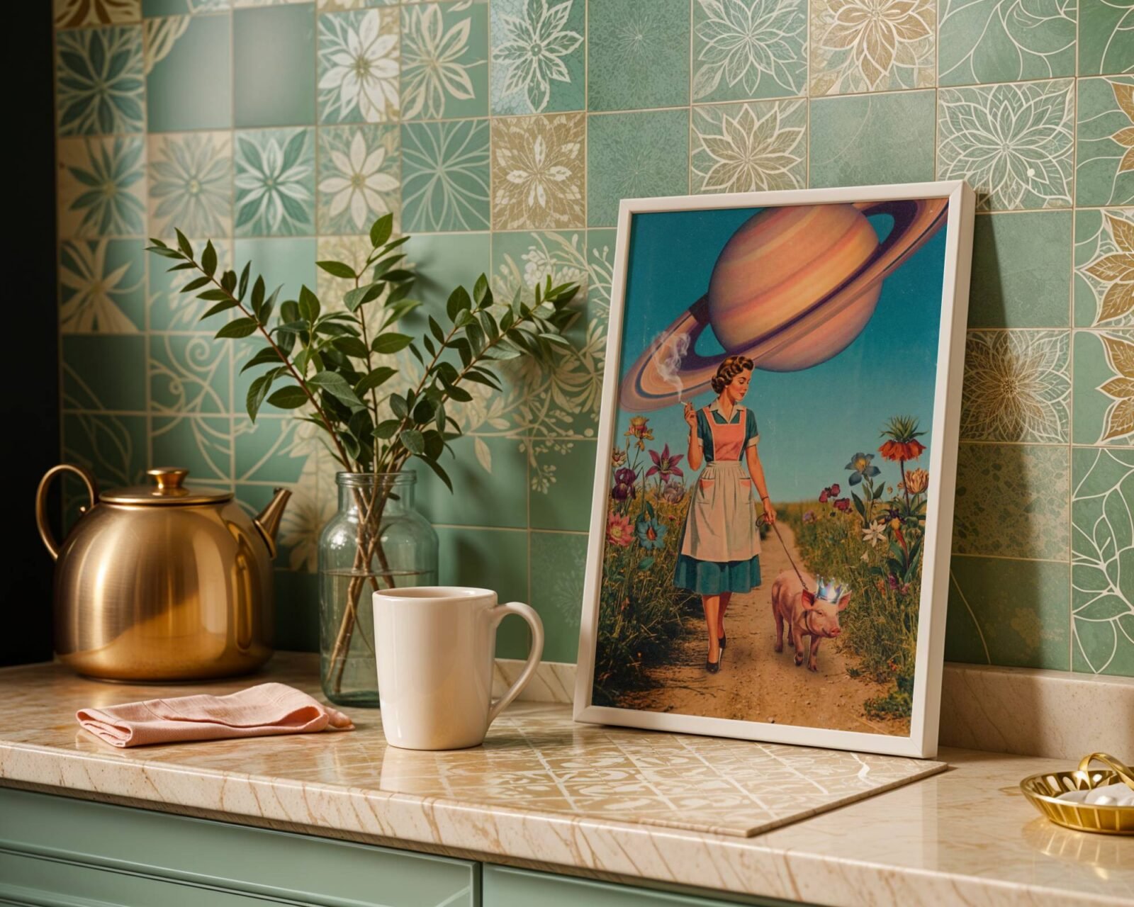 Bold pastel vintage retro collage of a 1950s housewife in teal dress and apron strolling with a crown-wearing pig on a flower-lined country path beneath a massive ringed Saturn filling the blue sky – unframed funny retro collage wall poster, ufoposter.com