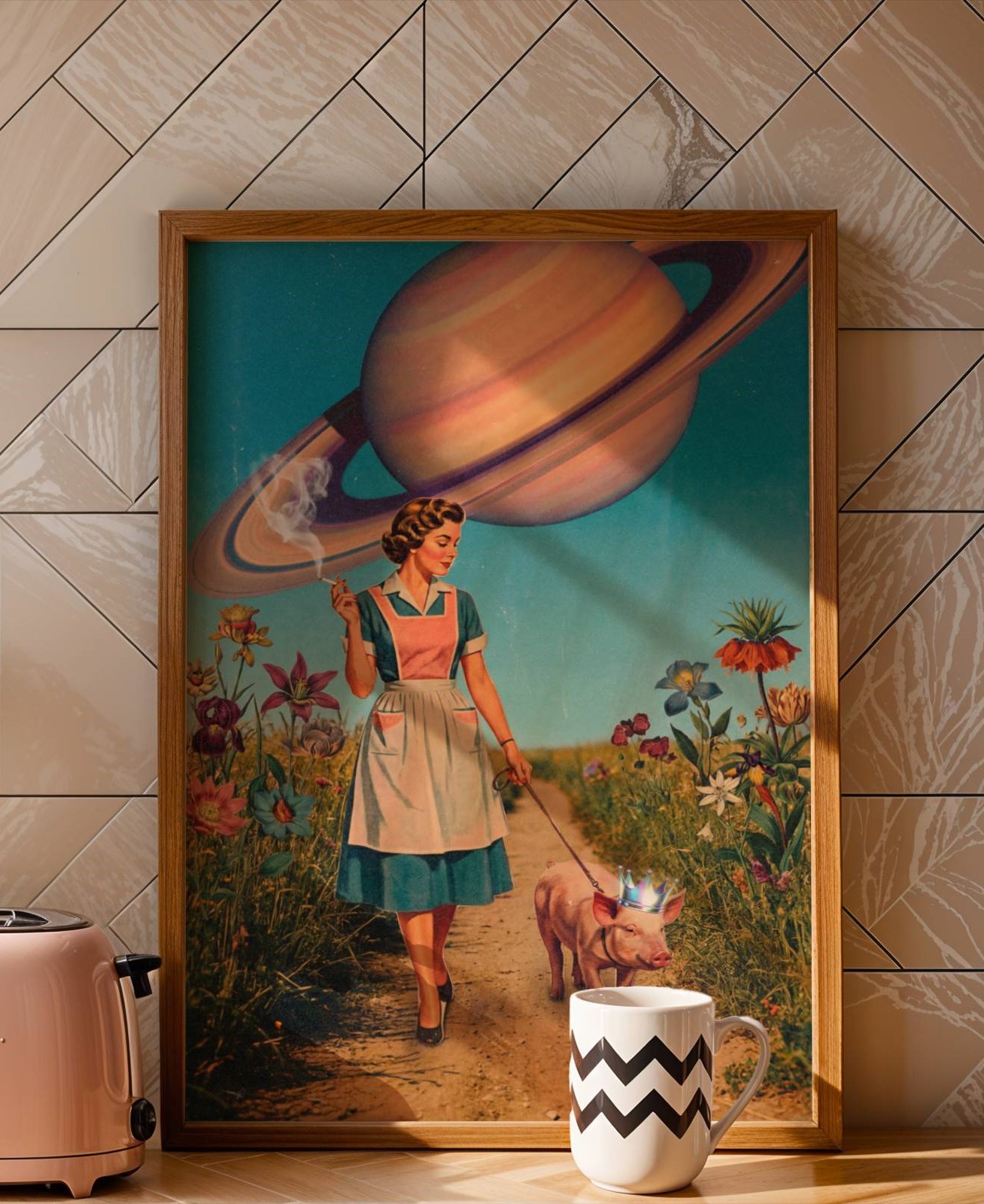 Bright pastel retro collage of a elegant 1950s housewife smoking a cigarette while walking a crown-wearing pig on a leash down a flower-lined country path beneath a giant Saturn — a brilliantly funny and distinctive retro kitchen wall art print – unframed funny retro poster for kitchen, ufoposter.com