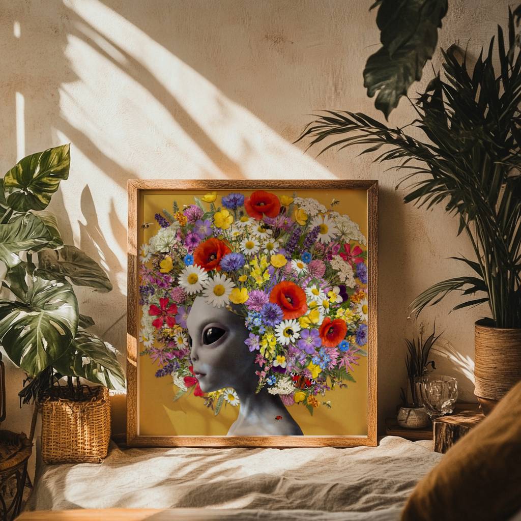 Vivid surreal portrait of a grey alien crowned with a vast blooming headdress of wildflowers — poppies, daisies, cornflowers, lavender, forget-me-nots and buttercups — bees hovering at the edges and a peacock butterfly resting among the petals against a warm golden ochre background – unframed surreal alien wildflower art poster, ufoposter.com