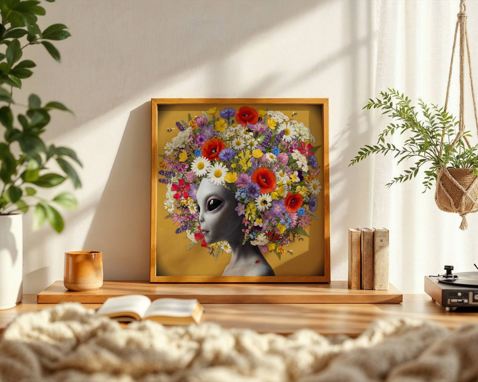 Breathtakingly abundant warm surreal portrait of a grey alien gazing softly to one side, her entire head crowned with a vast blooming headdress of wildflowers — red poppies, white daisies, purple cornflowers, lavender, forget-me-nots, clover and buttercups layered in extraordinary abundance against a warm golden ochre background, bees hovering at the edges, a peacock butterfly resting among the petals and a ladybird on her collarbone — warm, joyful and genuinely unlike anything else on any wall – unframed colourful surreal alien wildflower art poster, ufoposter.com