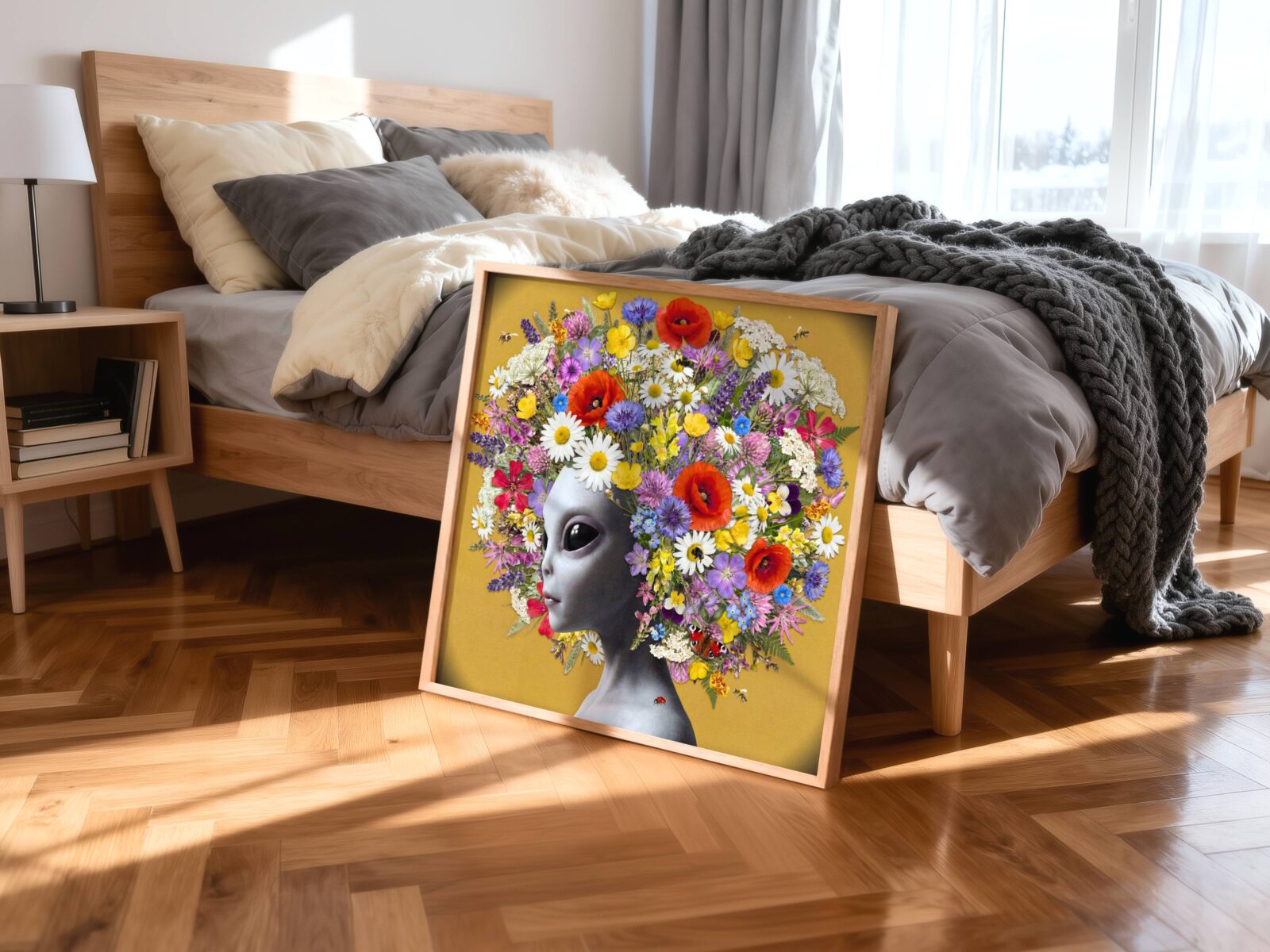 Bold vivid surreal portrait of a grey alien with large dark eyes crowned with an extraordinary explosion of wildflowers — red poppies, white daisies, purple cornflowers and lavender — against a warm golden ochre background with bees and a peacock butterfly — a striking and joyful alien wall art print that brings warmth and colour to bedroom decor – unframed colourful alien wildflower bedroom poster, ufoposter.com
