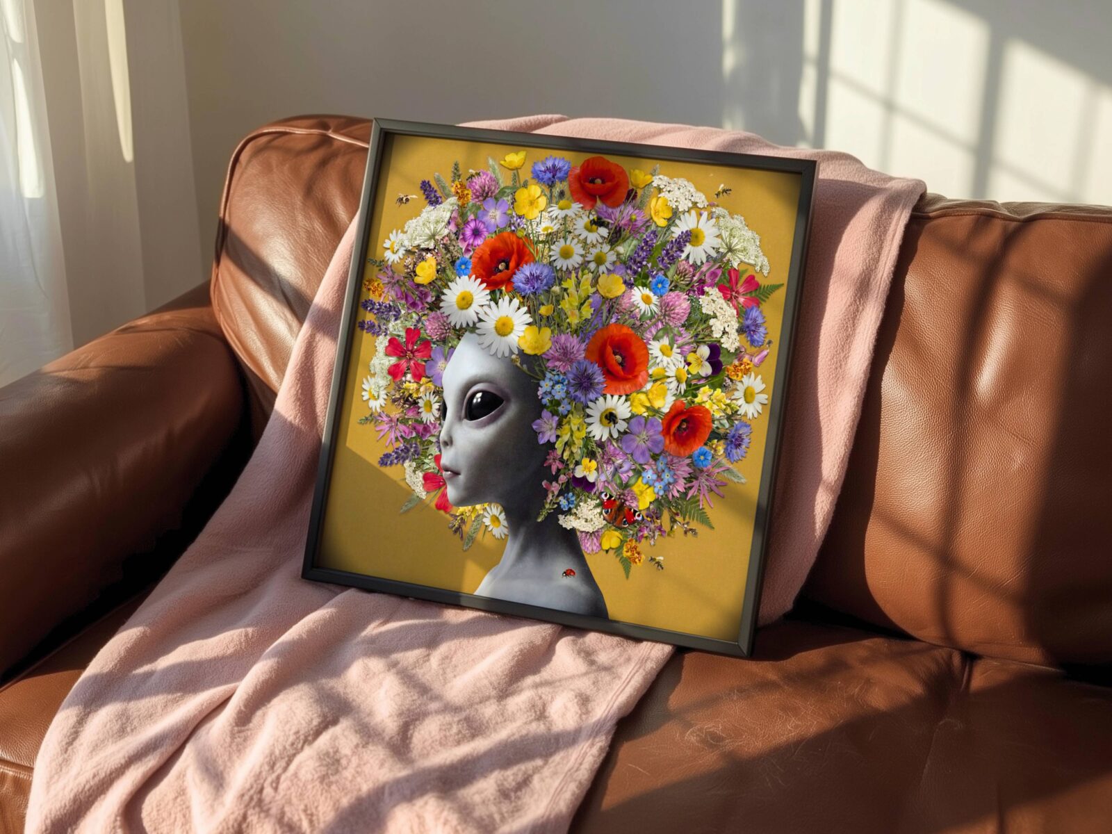 Bold vivid surreal portrait of a grey alien crowned with an extraordinary explosion of wildflowers — poppies, daisies, cornflowers and lavender — against a warm golden ochre background with bees and a peacock butterfly — a striking and joyful alien wall art print that brings colour and warmth to any living room – unframed colourful alien wildflower poster for living room, ufoposter.com