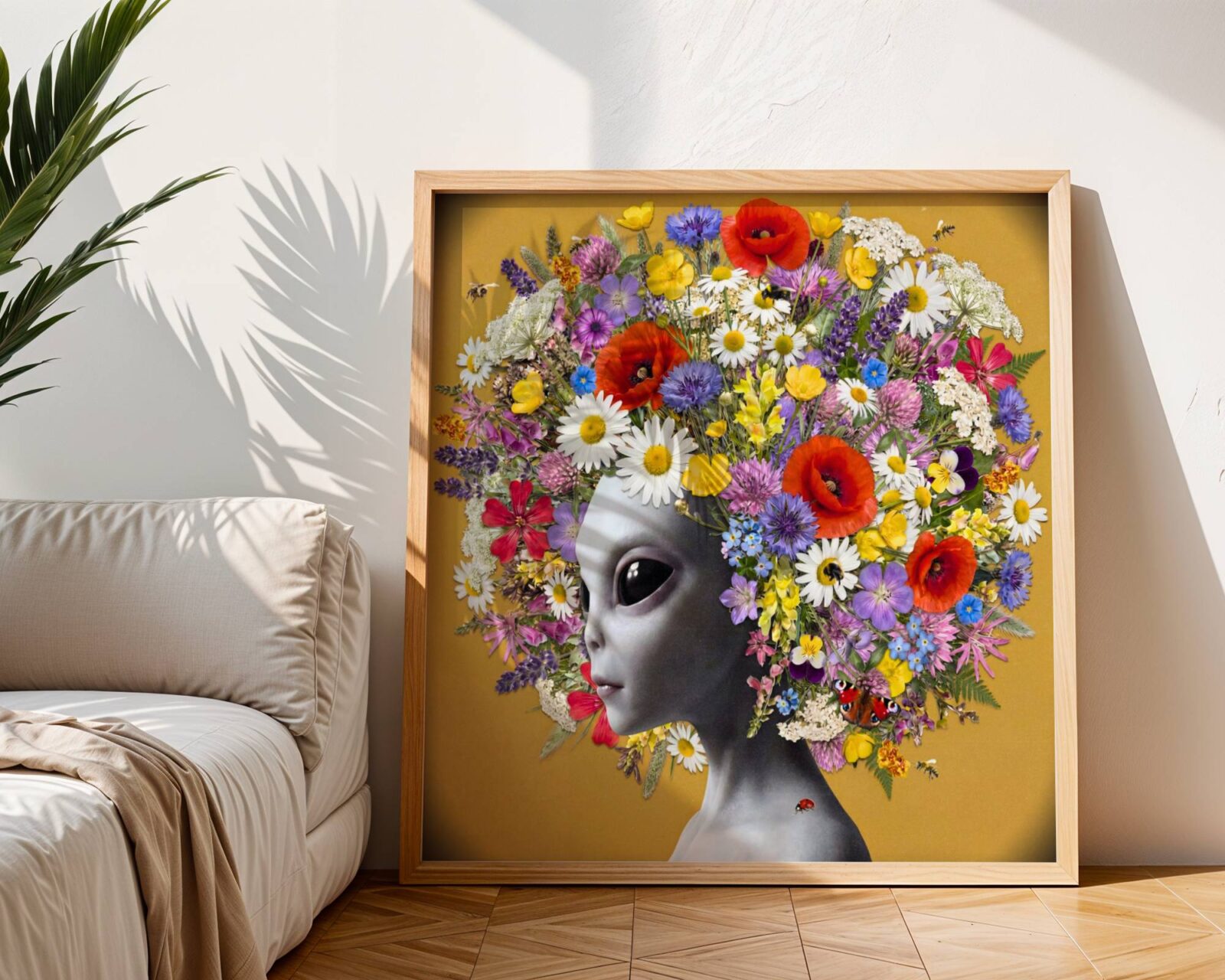 Vivid and joyful surreal portrait of a grey alien crowned with an explosion of wildflowers — poppies, daisies, cornflowers, lavender, forget-me-nots, clover and buttercups — bees hovering at the edges and a peacock butterfly resting among the petals against warm golden ochre — a bold and distinctive wildflower wall art print – unframed bold surreal alien nature poster, ufoposter.com