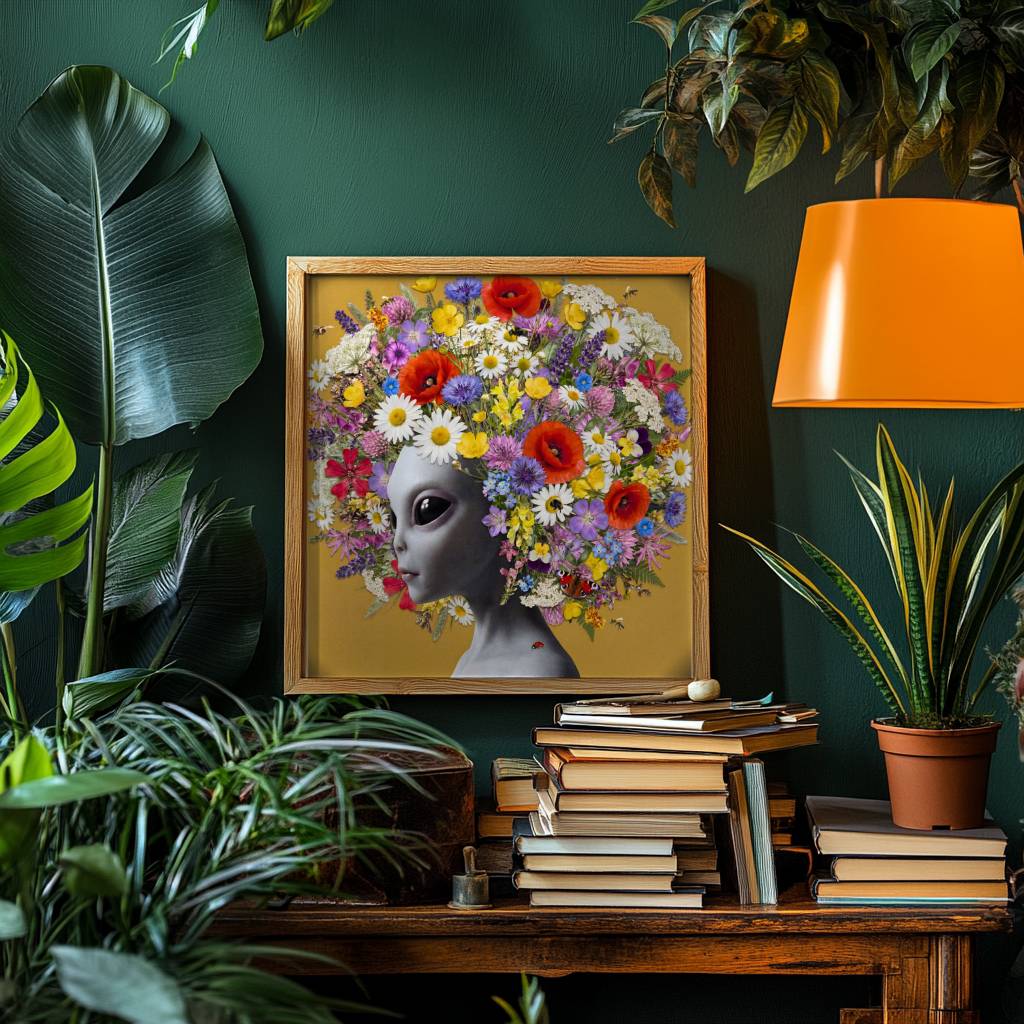 Striking colourful surreal portrait of a grey alien with calm dark eyes wearing an extraordinary crown of layered wildflowers — red poppies, white daisies, purple cornflowers and lavender — against a warm golden ochre background with bees and a ladybird on her collarbone — bold and joyful alien wildflower wall art – unframed vibrant alien portrait poster, ufoposter.com