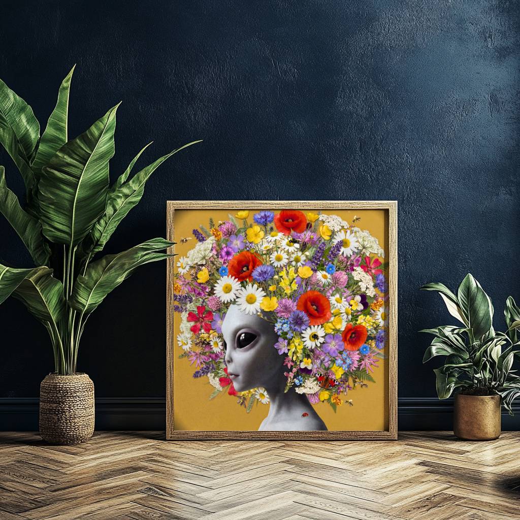 Bold vibrant surreal portrait of a grey alien gazing softly to one side, her head crowned with an extraordinary explosion of wildflowers — red poppies, white daisies, purple cornflowers, lavender and dozens more — against a warm golden ochre background with bees and a peacock butterfly – unframed colourful alien wildflower wall poster, ufoposter.com