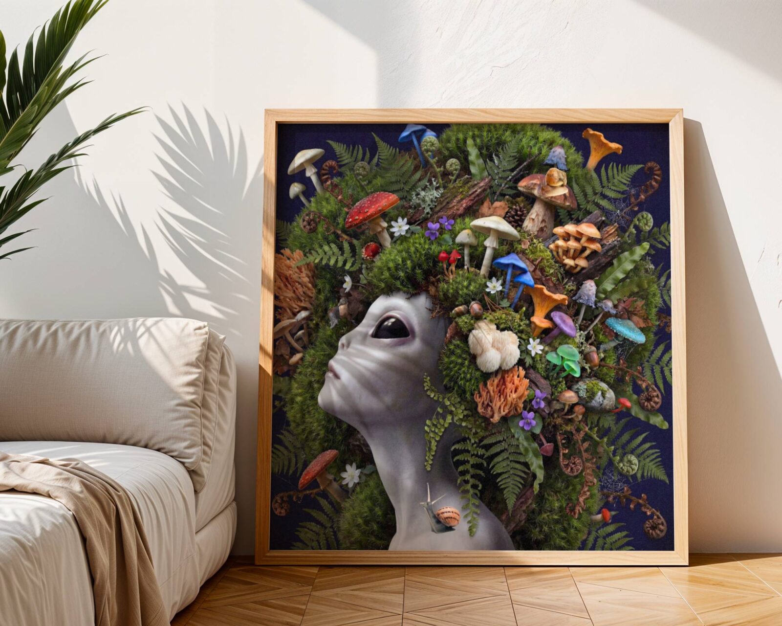 Striking bold surreal portrait of a grey alien crowned with an extraordinary abundance of wild mushrooms in every shape and colour nestled in deep green moss and curling ferns against a deep dark navy background with a snail — a genuinely luscious and distinctive alien wall art statement for any living room – unframed rich alien mushroom living room poster, ufoposter.com