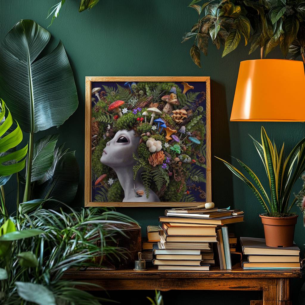 Striking rich surreal portrait of a grey alien with calm dark eyes wearing an extraordinary crown of abundant wild mushrooms — fly agarics, chanterelles, porcini and lion's mane — nestled in deep green moss and ferns against a deep dark navy background — bold and luscious alien mushroom wall art – unframed rich alien mushroom portrait poster, ufoposter.com