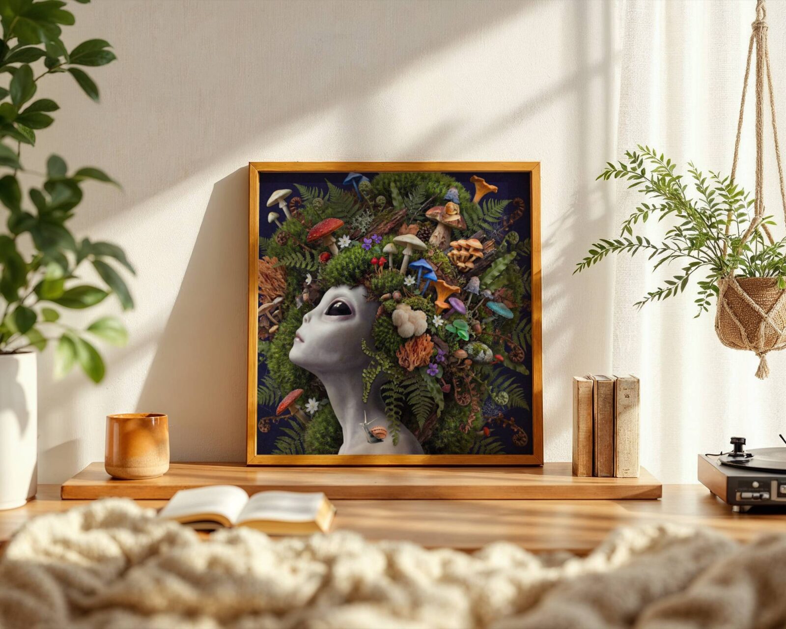 Deeply rich surreal portrait of a grey alien with large dark eyes wearing an extraordinary cascading headdress of wild mushrooms — fly agarics, chanterelles, porcini, lion's mane and honey mushrooms — nestled in lush green moss and curling ferns against a deep dark navy background with a snail — a genuinely unique and luscious alien art print – unframed rich surreal alien mushroom wall poster, ufoposter.com