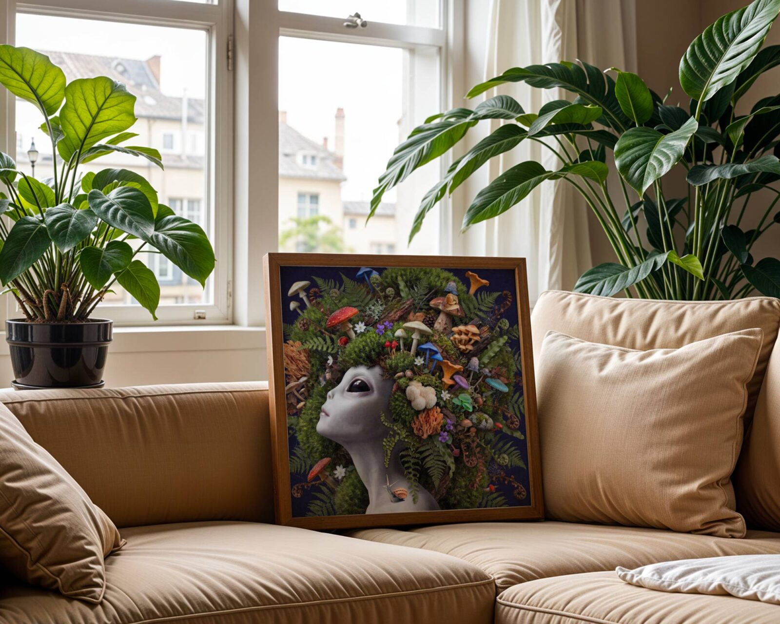 Rich surreal portrait of a grey alien wearing a breathtaking cascading headdress of wild mushrooms — fly agarics, chanterelles, lion's mane, porcini and honey mushrooms — nestled amongst lush moss and ferns against a deep dark navy background — a bold and distinctive colourful living room wall art print – unframed rich alien mushroom living room poster, ufoposter.com