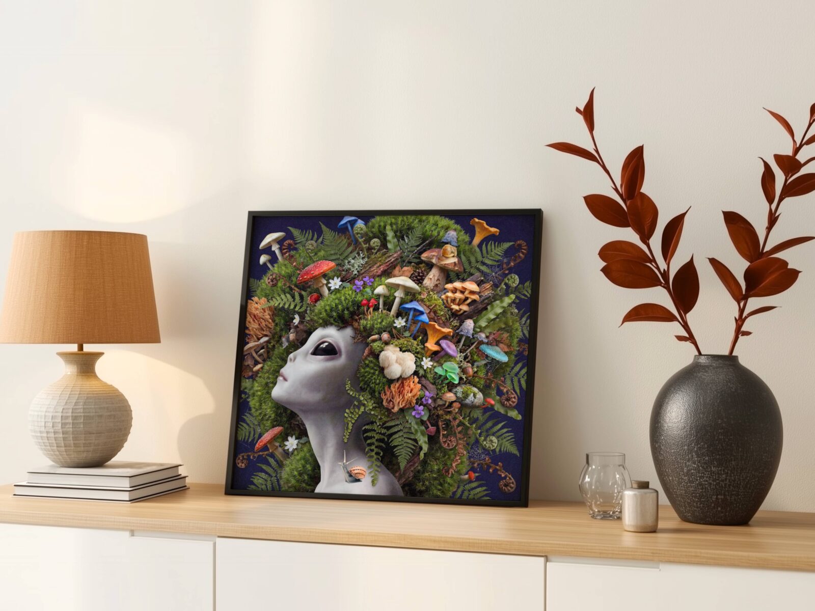 Vivid and luscious surreal portrait of a grey alien crowned with an extraordinary harvest of wild mushrooms — fly agarics, chanterelles, lion's mane, honey mushrooms, blue trumpets and coral fungi — tumbling amongst moss and ferns against deep dark navy with a snail on her collarbone — a bold and distinctive mushroom wall art print – unframed bold surreal alien mushroom poster, ufoposter.com
