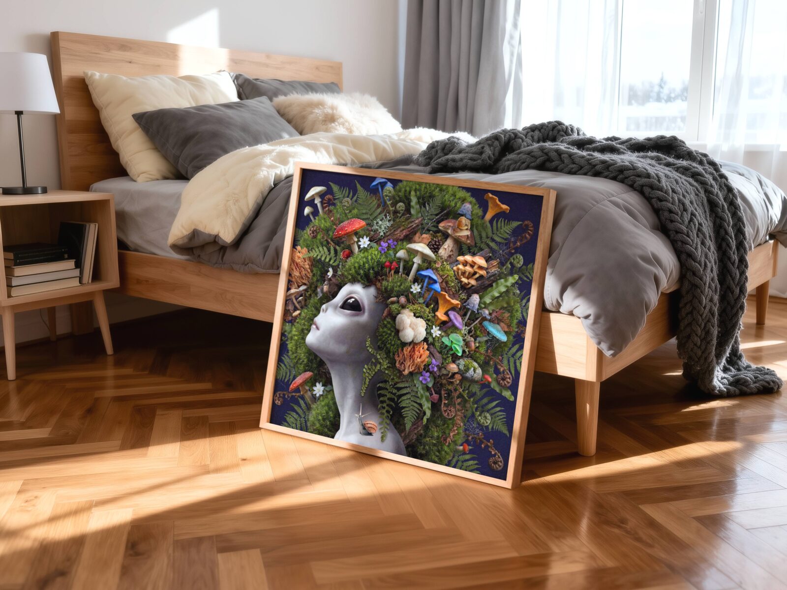 Bold rich surreal portrait of a grey alien with large dark eyes crowned with an extraordinary cascading headdress of wild mushrooms — fly agarics, chanterelles, lion's mane and honey mushrooms — nestled in lush green moss and ferns against a deep dark navy background — a striking and luscious alien wall art print for bedroom decor – unframed rich alien mushroom bedroom poster, ufoposter.com