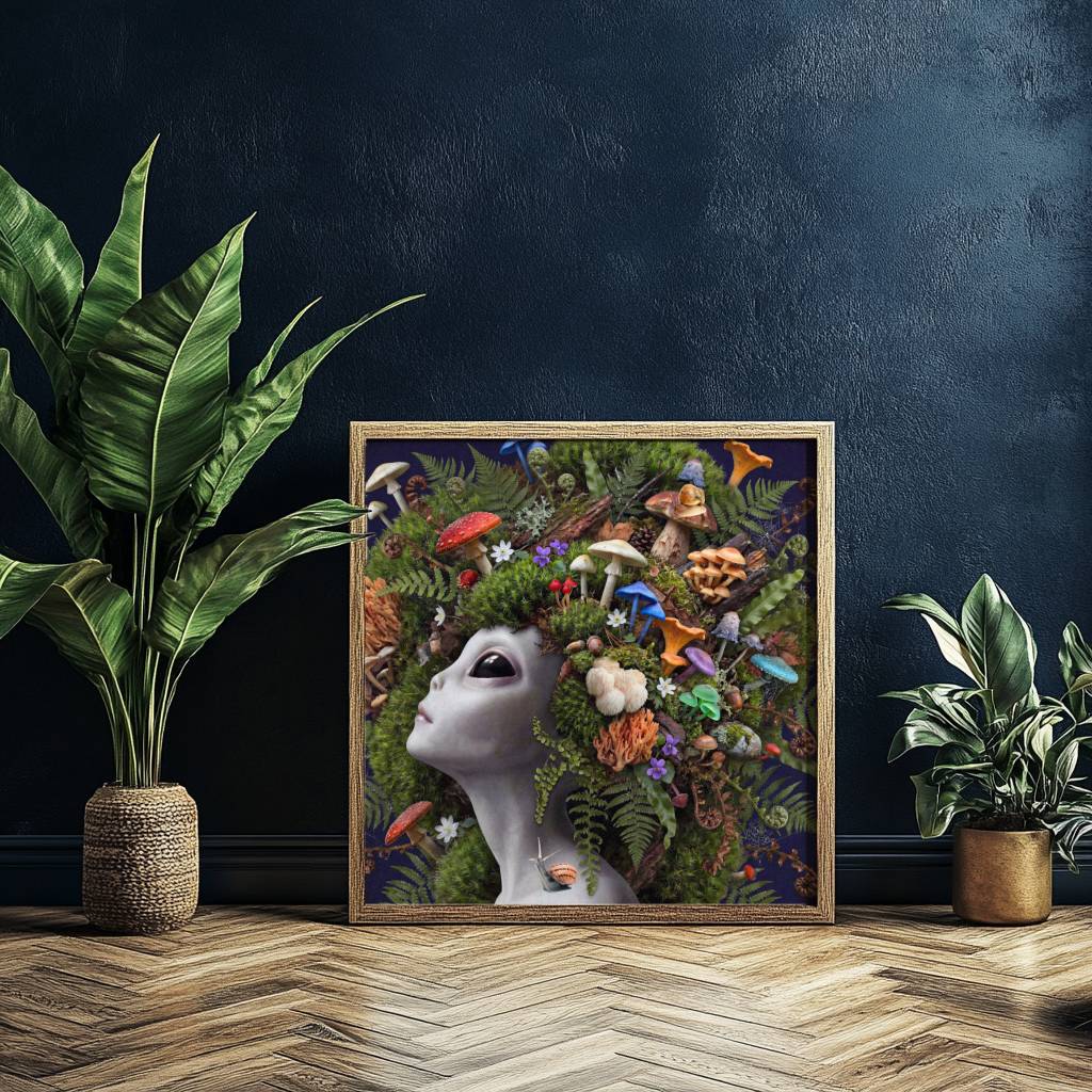 Bold rich surreal portrait of a grey alien with calm dark eyes, her head crowned with an extraordinary abundance of wild mushrooms — fly agarics, chanterelles, lion's mane, porcini and blue trumpets — nestled amongst lush green moss, curling ferns and woodland flowers against a deep dark navy background with a snail on her collarbone – unframed colourful alien mushroom wall poster, ufoposter.com