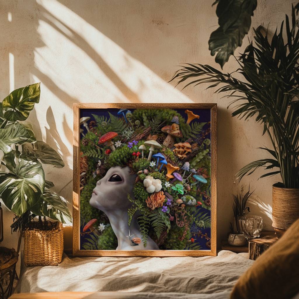 Vivid surreal portrait of a grey alien crowned with a magnificent forest headdress of wild mushrooms — fly agarics, chanterelles, lion's mane, honey mushrooms, coral fungi and blue trumpets — tumbling amongst lush moss and curling ferns against a deep dark navy background with a snail – unframed surreal alien mushroom art poster, ufoposter.com