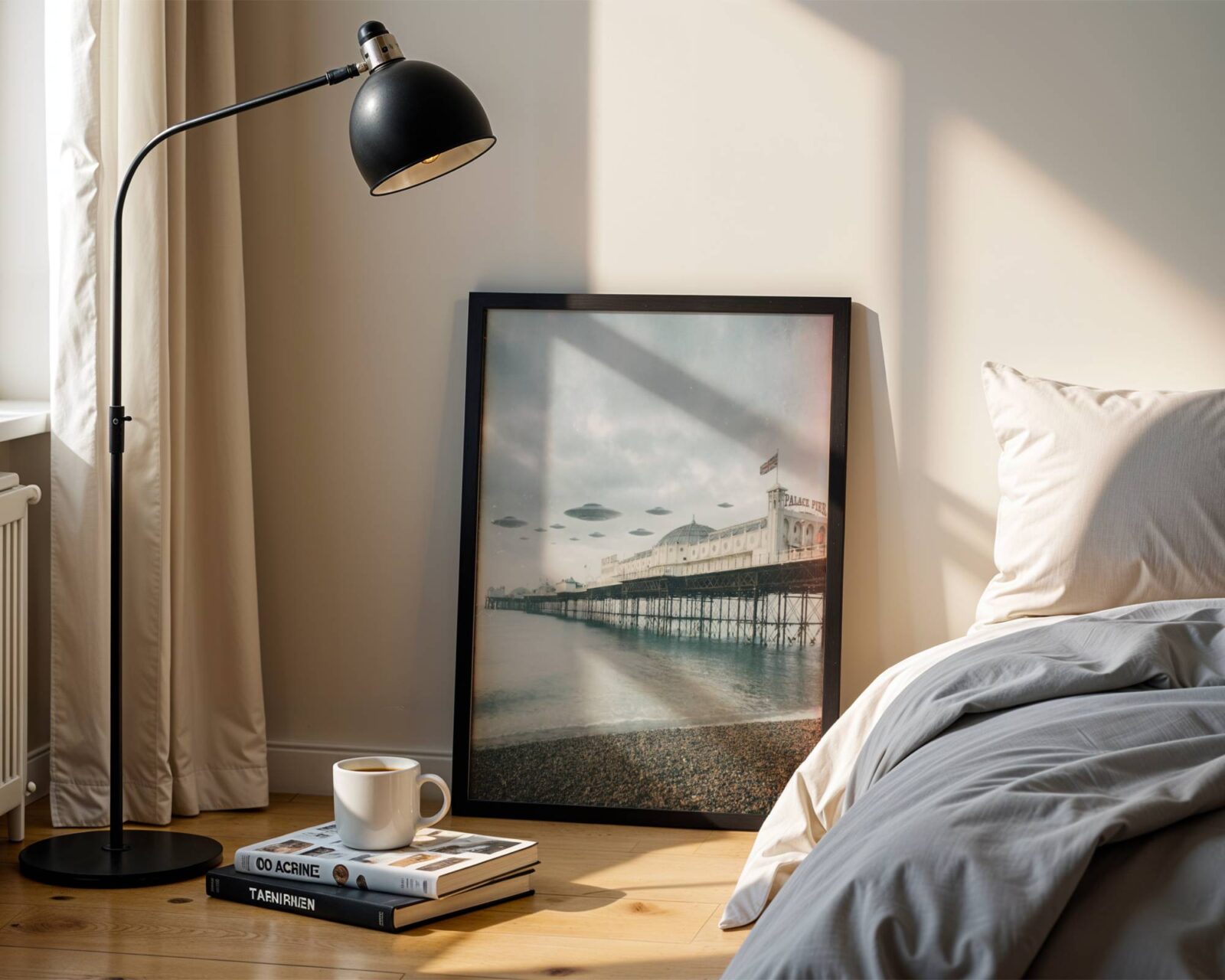 Soft atmospheric retro artwork of a fleet of UFOs drifting silently above Brighton Palace Pier in a pale grey winter sky, Union Jack flying and shingle beach below — a beautifully calm and distinctive Brighton bedroom wall art print – unframed retro UFO poster for bedroom, ufoposter.com