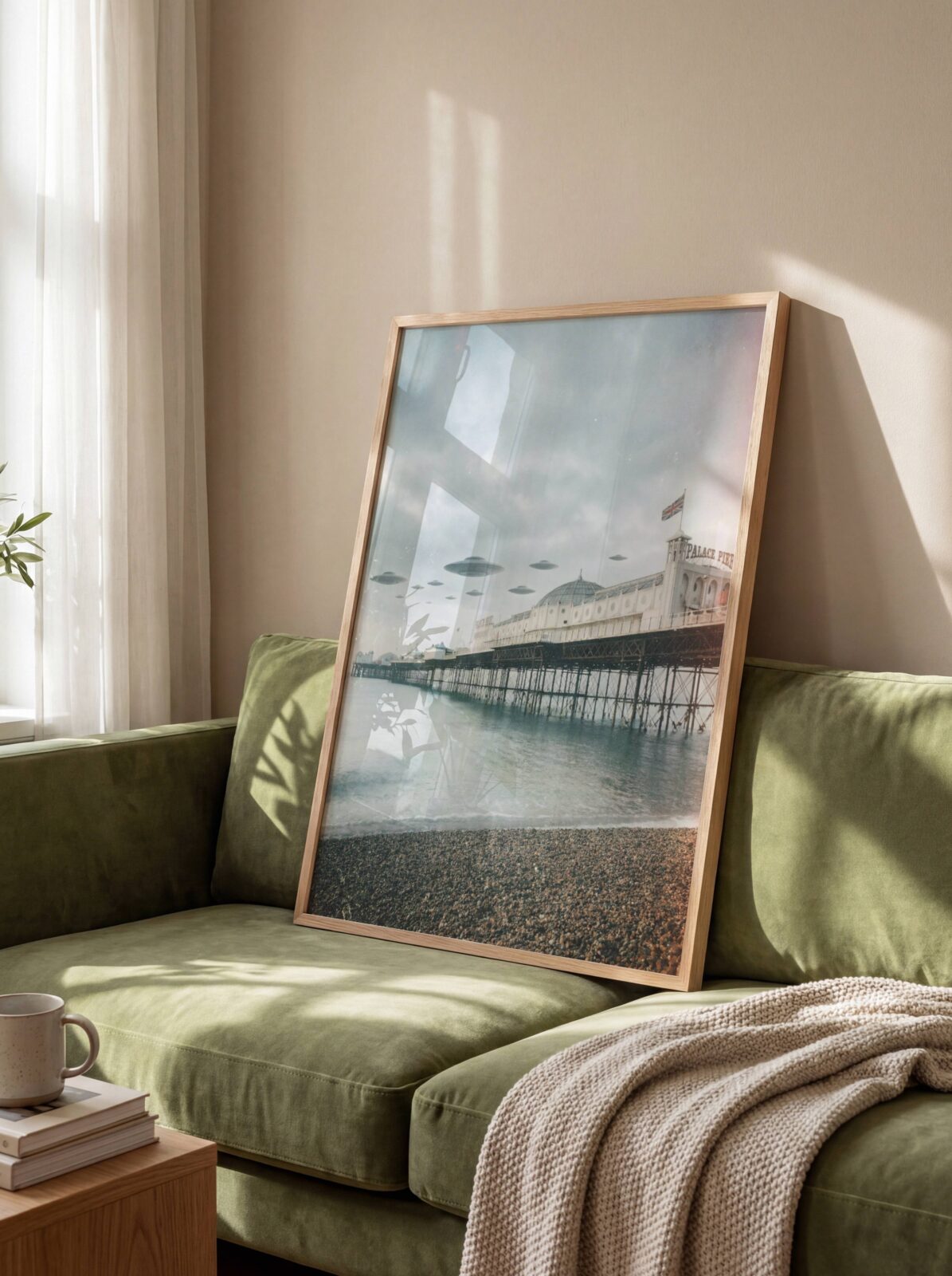 Striking soft retro artwork of a fleet of UFOs hovering in quiet formation above the beloved Brighton Palace Pier on a pale winter day, the shingle beach and grey-green sea below — a genuinely unique Brighton wall art statement print for any living room – unframed retro UFO Brighton living room poster, ufoposter.com