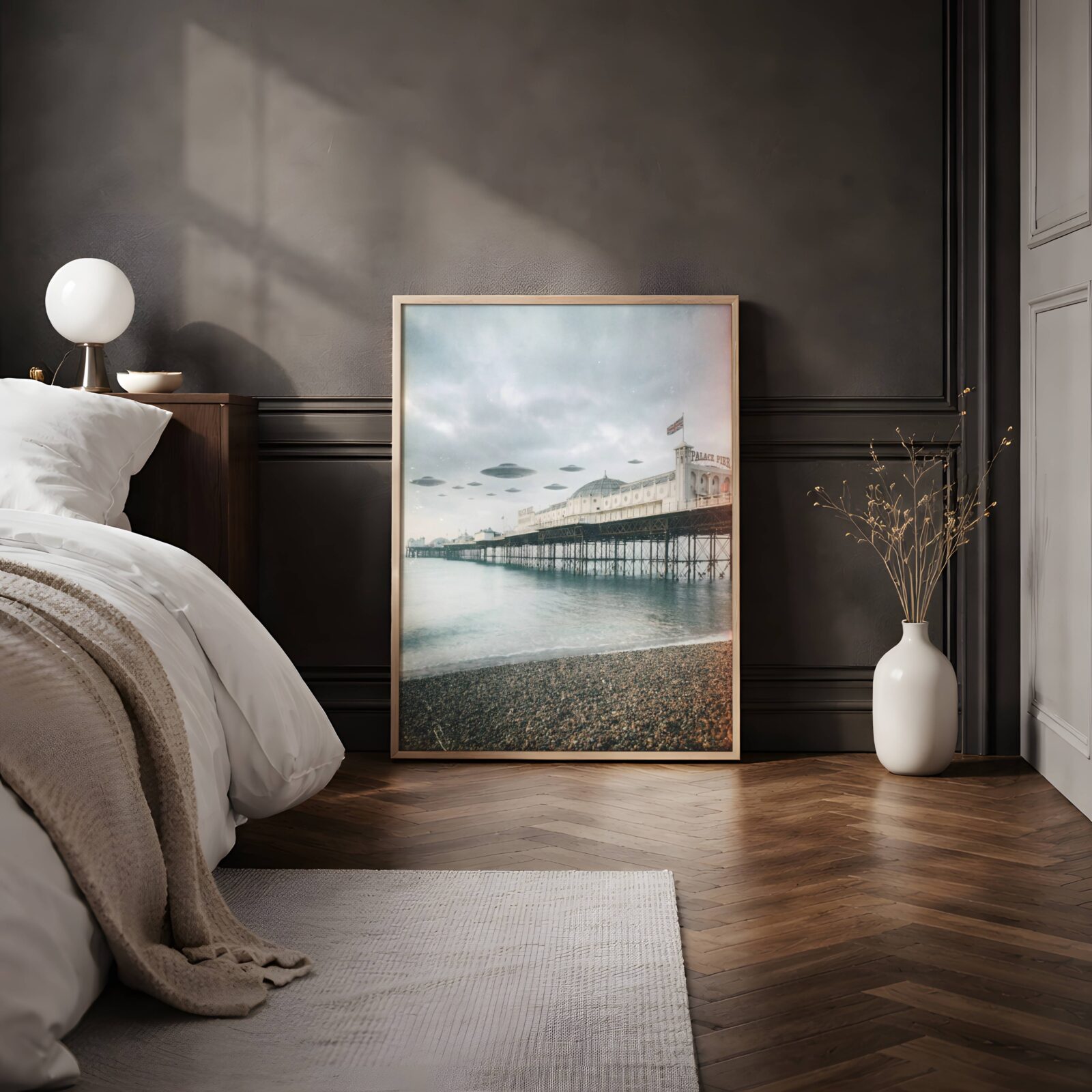 Cinematic soft-toned retro artwork of multiple spacecraft hovering in formation above the iconic Brighton Palace Pier over a calm grey-green sea — a softly atmospheric and unique UK wall art print perfect for bedroom decor – unframed retro Brighton bedroom poster, ufoposter.com