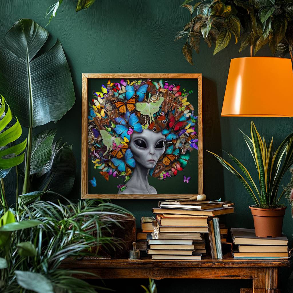 Striking colourful surreal portrait of a grey alien with calm dark eyes wearing an extraordinary crown of layered butterflies in every species and colour against a rich forest green background — bold and joyful alien butterfly wall art – unframed vibrant alien portrait poster, ufoposter.com