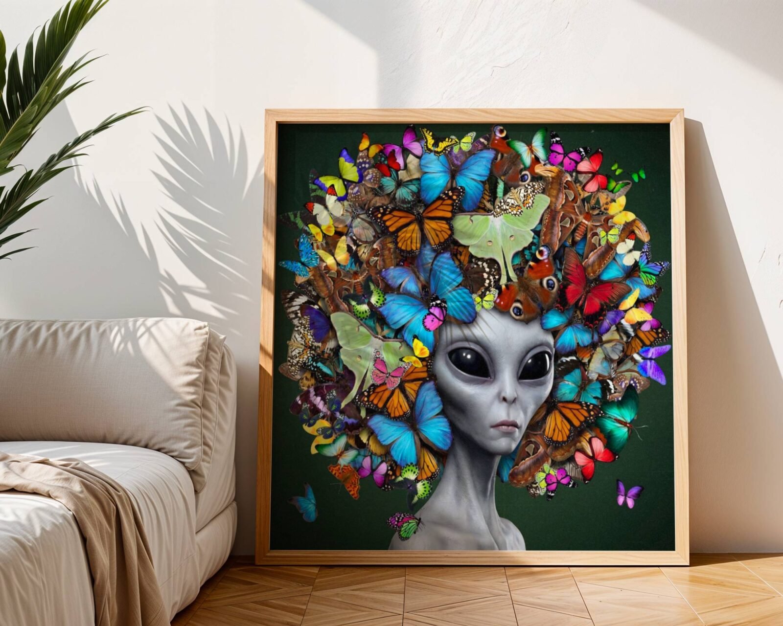 Striking bold surreal portrait of a grey alien crowned with dozens of colourful butterflies in every species against a rich forest green background — a genuinely extraordinary and joyful alien wall art statement for any living room – unframed colourful alien butterfly living room poster, ufoposter.com