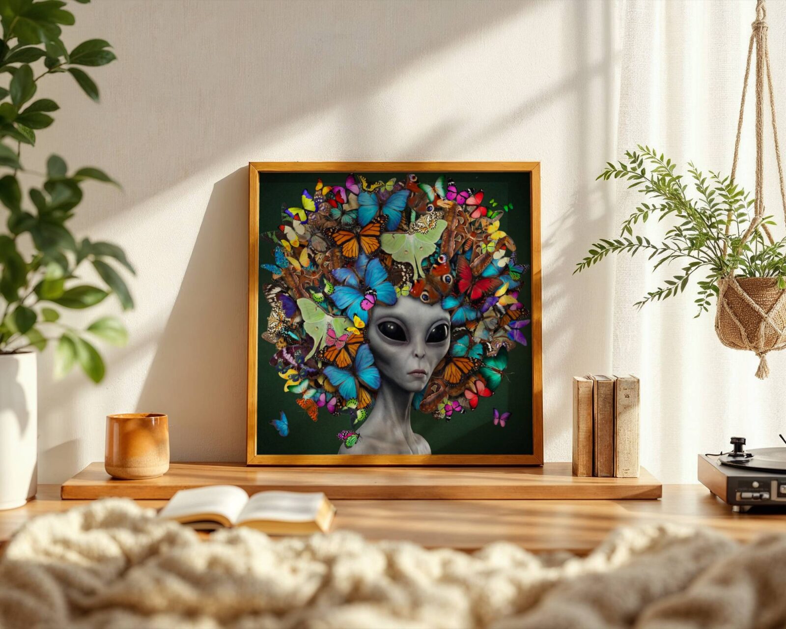 Striking colourful surreal portrait of a grey alien with calm dark eyes wearing an extraordinary crown of layered butterflies in every species and colour against a rich forest green background — bold and joyful alien butterfly wall art – unframed vibrant alien portrait poster, ufoposter.com