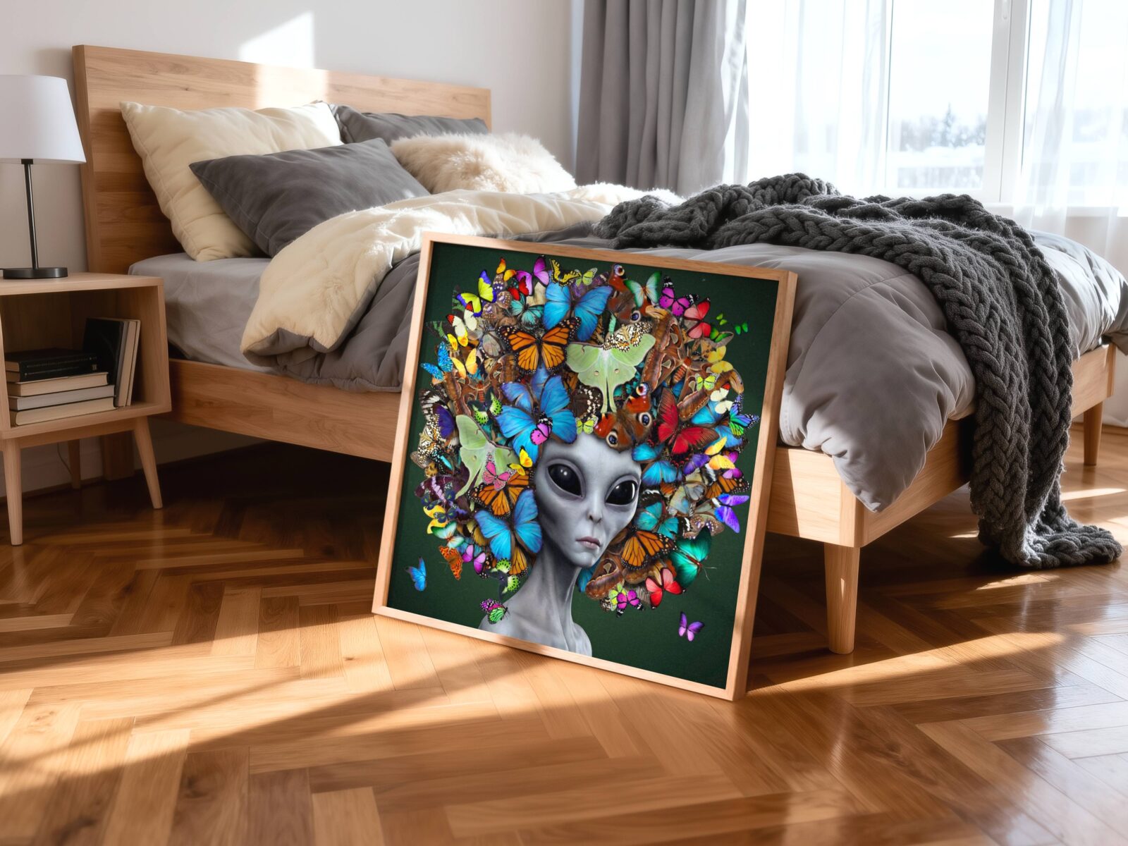 Bold vivid surreal portrait of a grey alien with large dark eyes crowned with an extraordinary explosion of colourful butterflies in every species and colour against a deep forest green background — a striking and joyful alien wall art print that brings warmth, colour and wonder to bedroom decor – unframed colourful alien butterfly bedroom poster, ufoposter.com