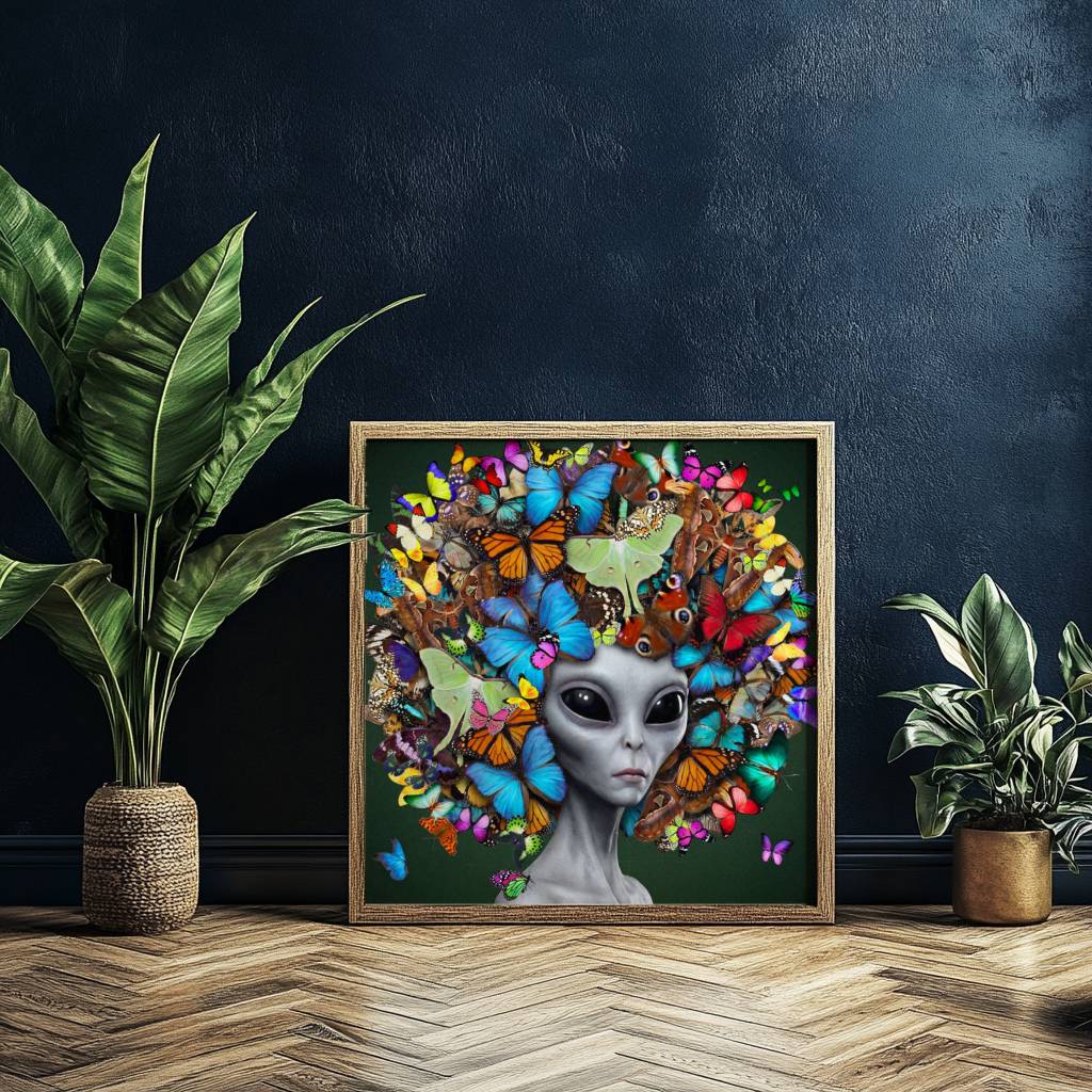 Bold vibrant surreal portrait of a grey alien with large dark eyes crowned with an extraordinary explosion of colourful butterflies in every species and colour against a deep forest green background — striking alien wall art for any space – unframed colourful alien butterfly wall poster, ufoposter.com