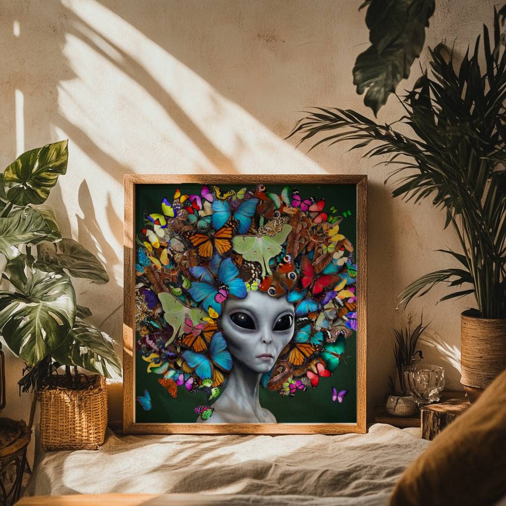 Vivid surreal portrait of a grey alien gazing directly at the viewer, her head crowned with dozens of colourful butterflies — monarchs, morphos, luna moths and peacock wings — layered in a bold explosion of blue, orange, green and pink against deep forest green – unframed surreal alien art poster, ufoposter.com