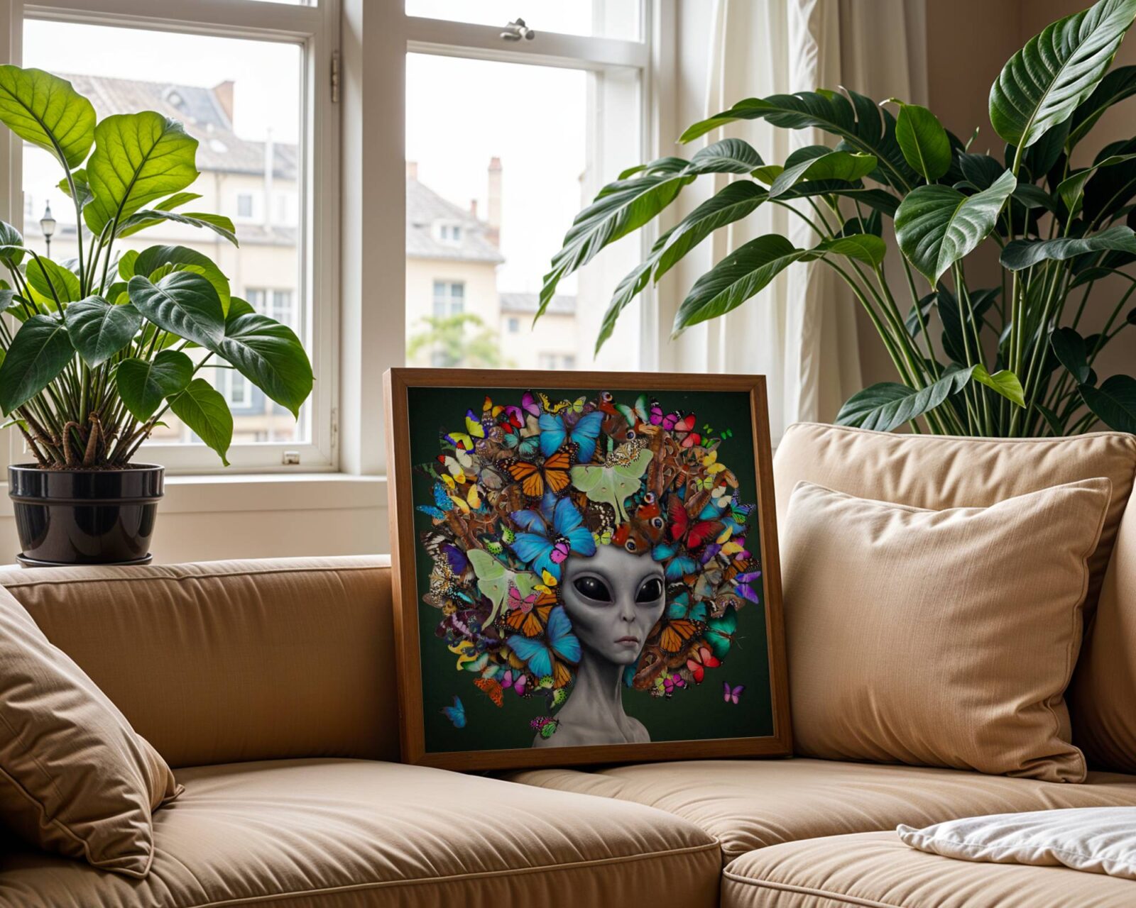 Vivid and joyful surreal portrait of a grey alien crowned with an explosion of colourful butterflies — monarchs, morphos, luna moths and peacock wings layered in blue, orange, green, pink and gold — a bold and distinctive butterfly wall art print – unframed bold surreal alien nature poster, ufoposter.com