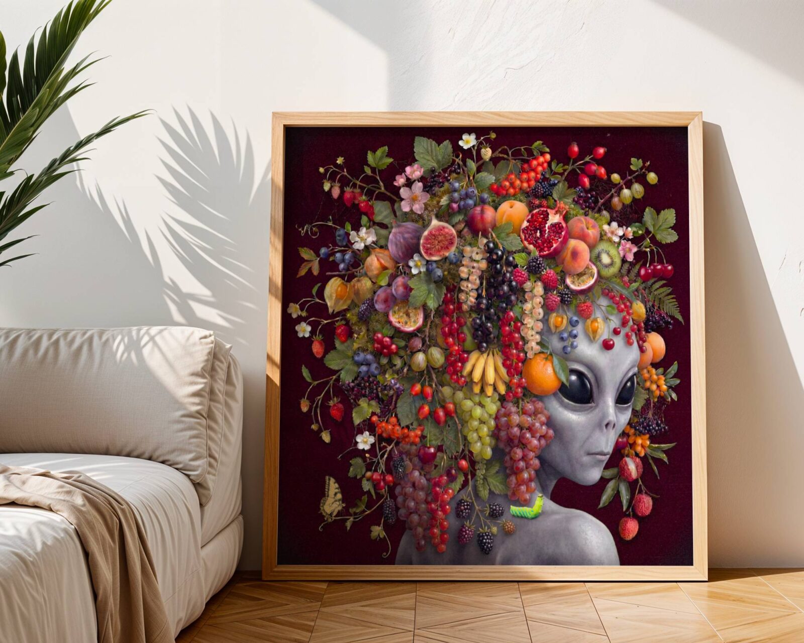 Striking bold surreal portrait of a grey alien crowned with an extraordinary abundance of fruit in every colour against a deep dark burgundy background with a swallowtail butterfly — a genuinely luscious and distinctive alien wall art statement for any living room – unframed rich alien fruit living room poster, ufoposter.com