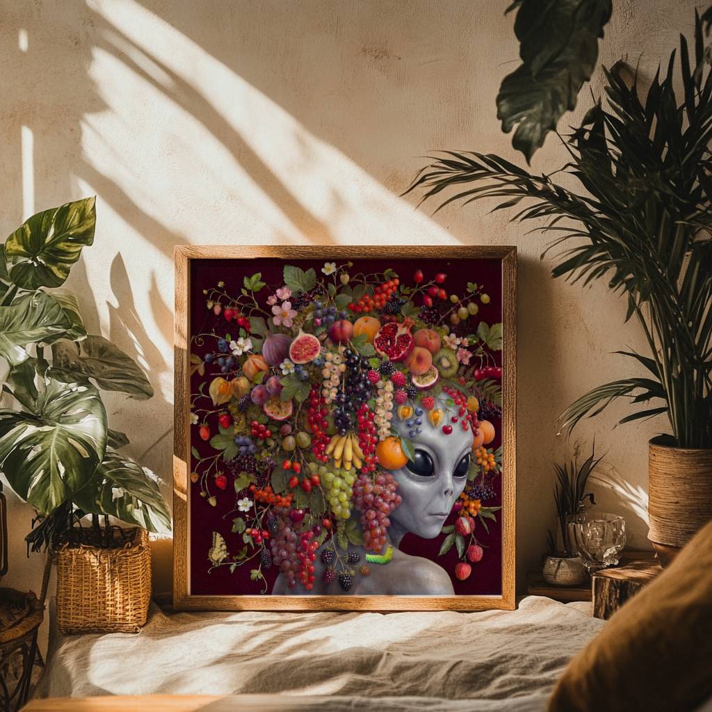 Vivid surreal portrait of a grey alien crowned with a magnificent harvest headdress of fruit — pomegranates, figs, grapes, strawberries, peaches, oranges, blackberries and redcurrants — tumbling and cascading against a deep dark burgundy background with a swallowtail butterfly – unframed surreal alien fruit art poster, ufoposter.com