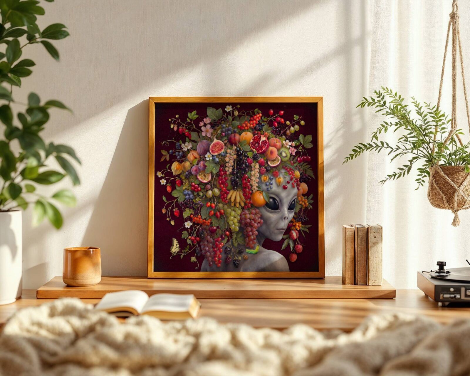 Deeply rich surreal portrait of a grey alien with large dark eyes wearing an extraordinary cascading headdress of abundant fruit — pomegranates, figs, grapes, strawberries, peaches and blackberries — against a deep dark burgundy background with a swallowtail butterfly — a genuinely unique and luscious alien art print – unframed rich surreal alien fruit wall poster, ufoposter.com