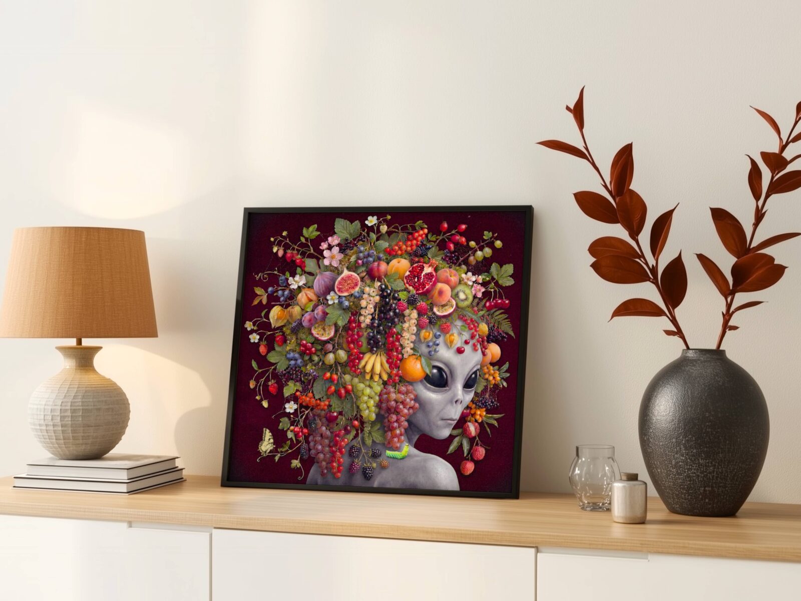 Vivid and luscious surreal portrait of a grey alien crowned with an extraordinary harvest of fruit — pomegranates, figs, grapes, strawberries, peaches, bananas, oranges and blackberries — tumbling against deep dark burgundy with a swallowtail butterfly and tiny caterpillar — a bold and distinctive fruit wall art print – unframed bold surreal alien fruit poster, ufoposter.com