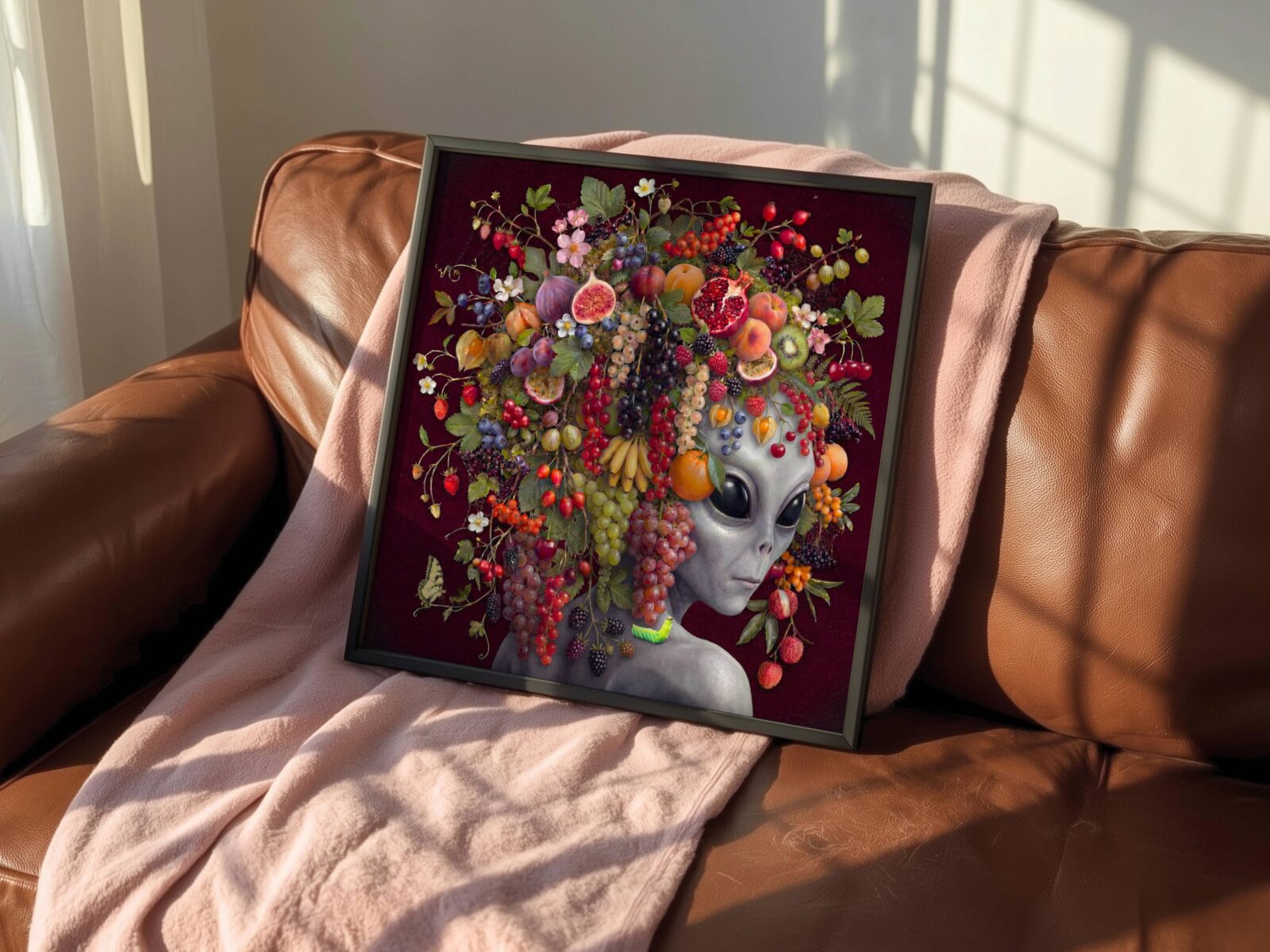 Bold rich surreal portrait of a grey alien crowned with an extraordinary abundance of fruit — pomegranates, figs, grapes, strawberries, peaches and blackberries — cascading against deep dark burgundy with a swallowtail butterfly — a striking and luscious alien wall art print for any living room – unframed rich alien fruit poster for living room, ufoposter.com