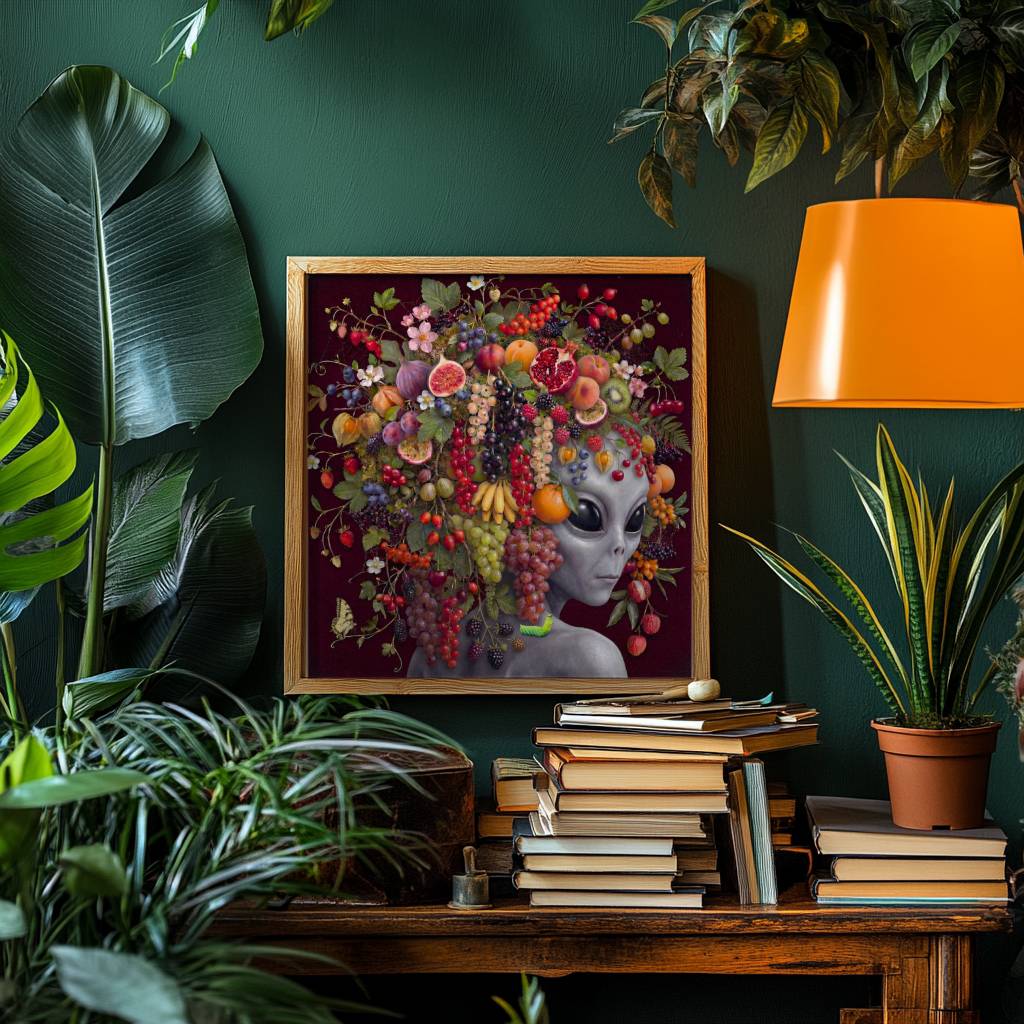 Striking rich surreal portrait of a grey alien with calm dark eyes wearing an extraordinary crown of abundant fruit — pomegranates, figs, grapes, strawberries, peaches and blackberries — cascading against a deep dark burgundy background — bold and luscious alien fruit wall art – unframed rich alien fruit portrait poster, ufoposter.com
