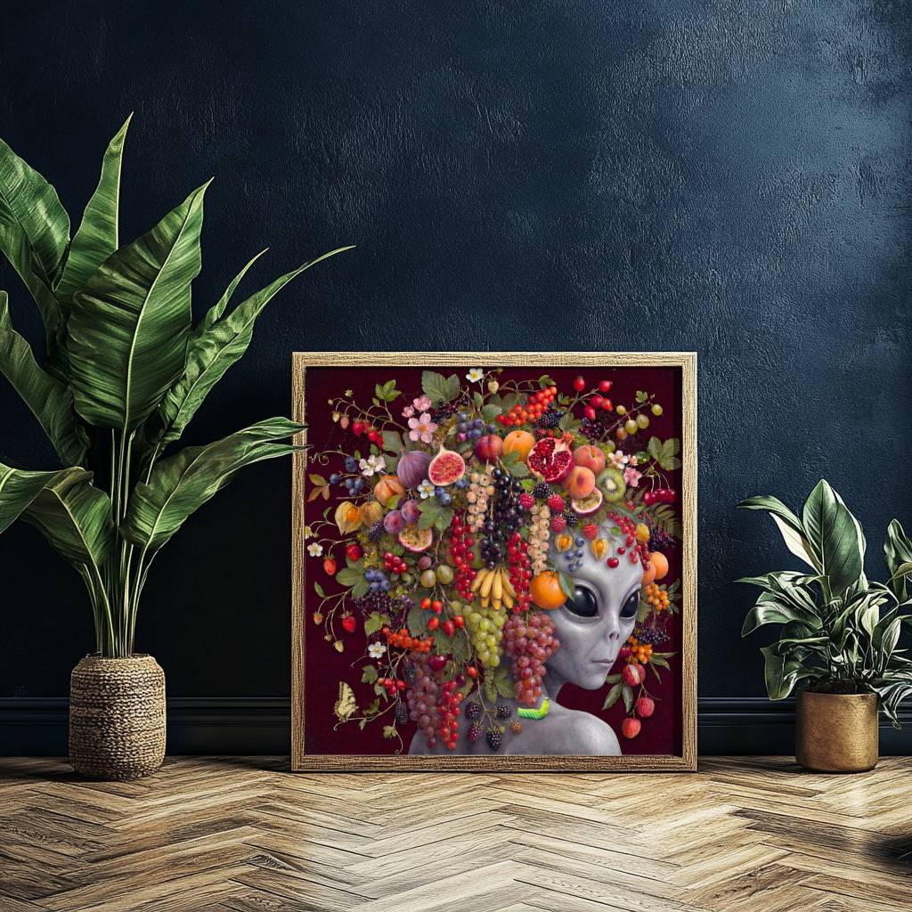 Bold rich surreal portrait of a grey alien with calm dark eyes, her head crowned with an extraordinary abundance of fruit — pomegranates, figs, grapes, strawberries, peaches, bananas and blackberries — cascading against a deep dark burgundy background with a swallowtail butterfly and caterpillar – unframed colourful alien fruit wall poster, ufoposter.com