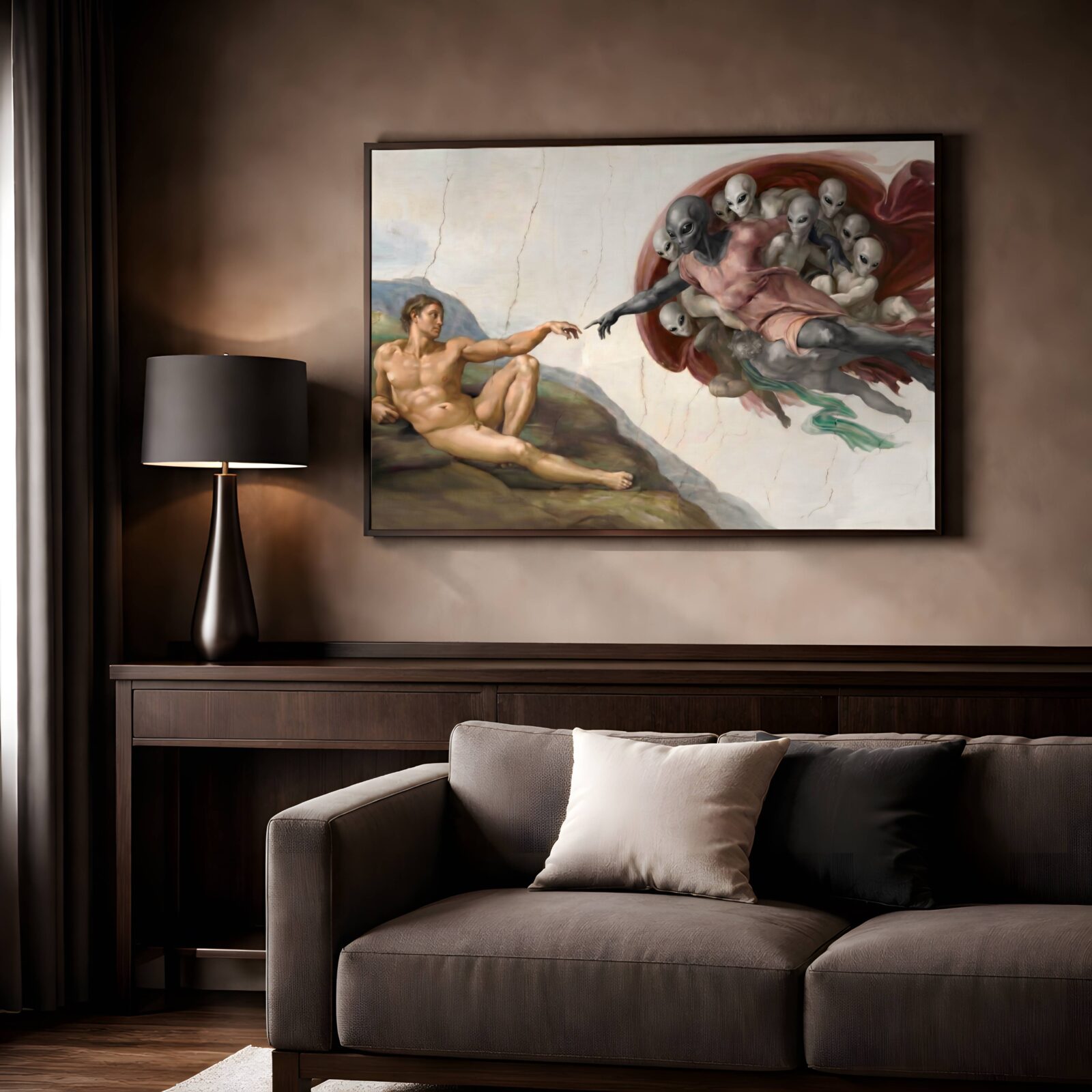 Dramatic oil-style painting reimagining Michelangelo's Creation of Adam with a grey alien reaching its finger toward Adam's outstretched hand, surrounded by a cluster of grey aliens in crimson robes in the pale Sistine ceiling composition — a hauntingly bold dark wall art print for living room decor – unframed dark religious sci-fi poster for living room, ufoposter.com