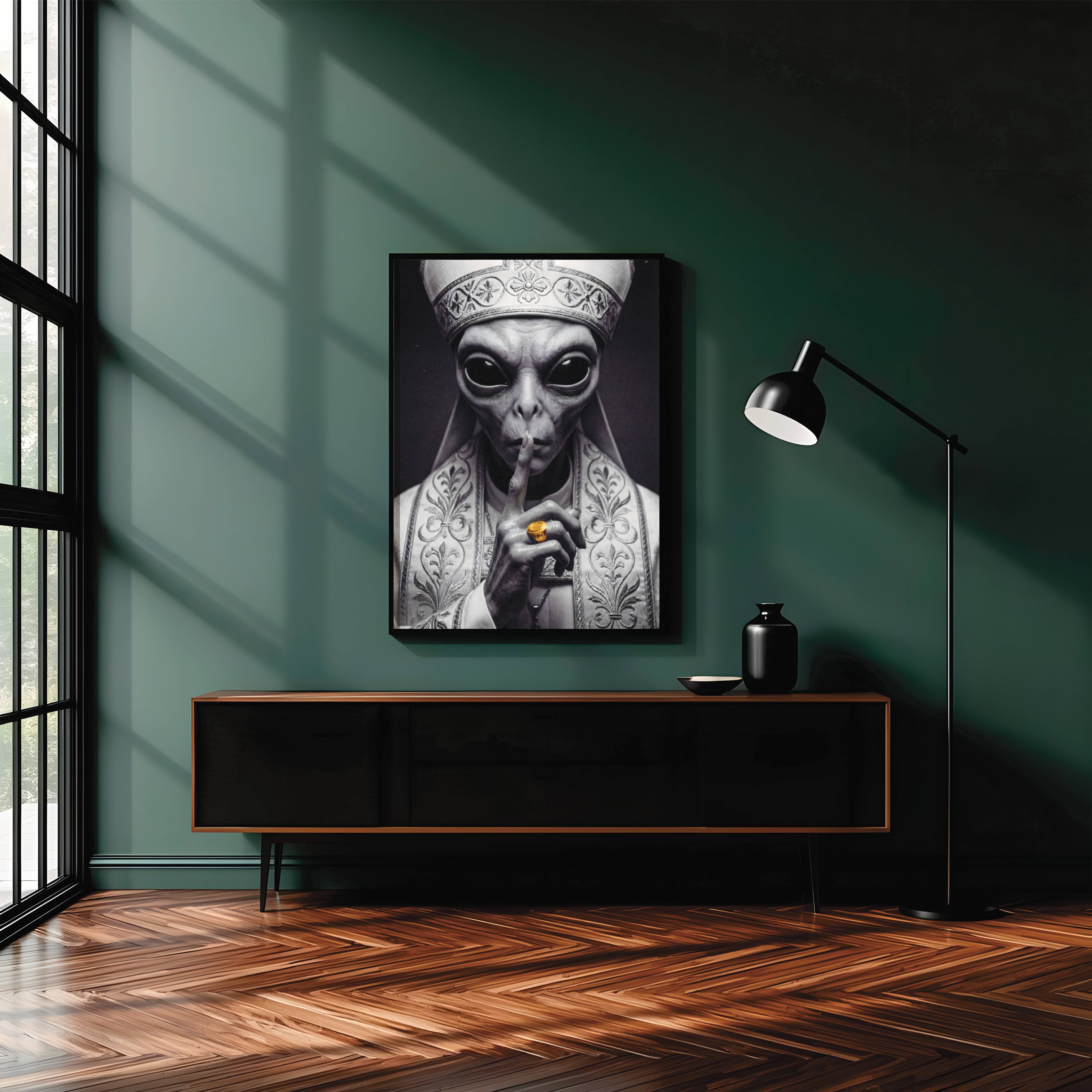 Cinematic dark monochrome portrait of a grey alien dressed in elaborate papal vestments and mitre, one long finger pressed to its lips in absolute silence, a gold ring glowing as the sole colour in a stark black and white composition — distinctive dark living room wall art – unframed dark sci-fi art for living room, ufoposter.com