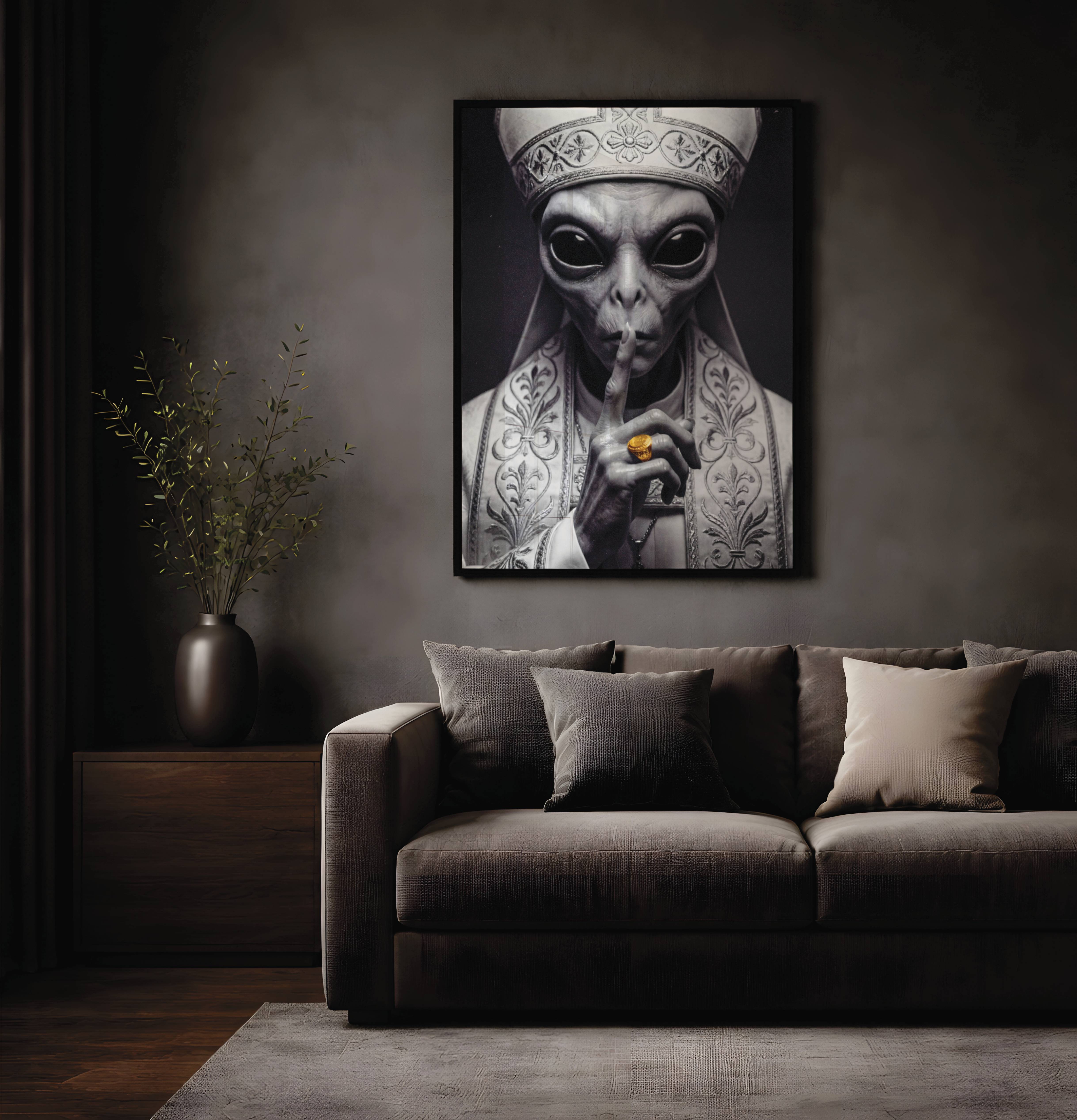 Deeply commanding and cinematic dark monochrome portrait of a grey alien in full ornate papal robes and mitre, large black eyes staring directly at the viewer with the calm authority of someone who has been keeping secrets since before recorded history, one long finger pressed firmly to its lips and a single gold ring burning as the only colour in an otherwise stark black and white composition — a genuinely bold, thought-provoking and unforgettable dark alien wall art statement that transforms any living room – unframed dark alien statement poster for living room, ufoposter.com