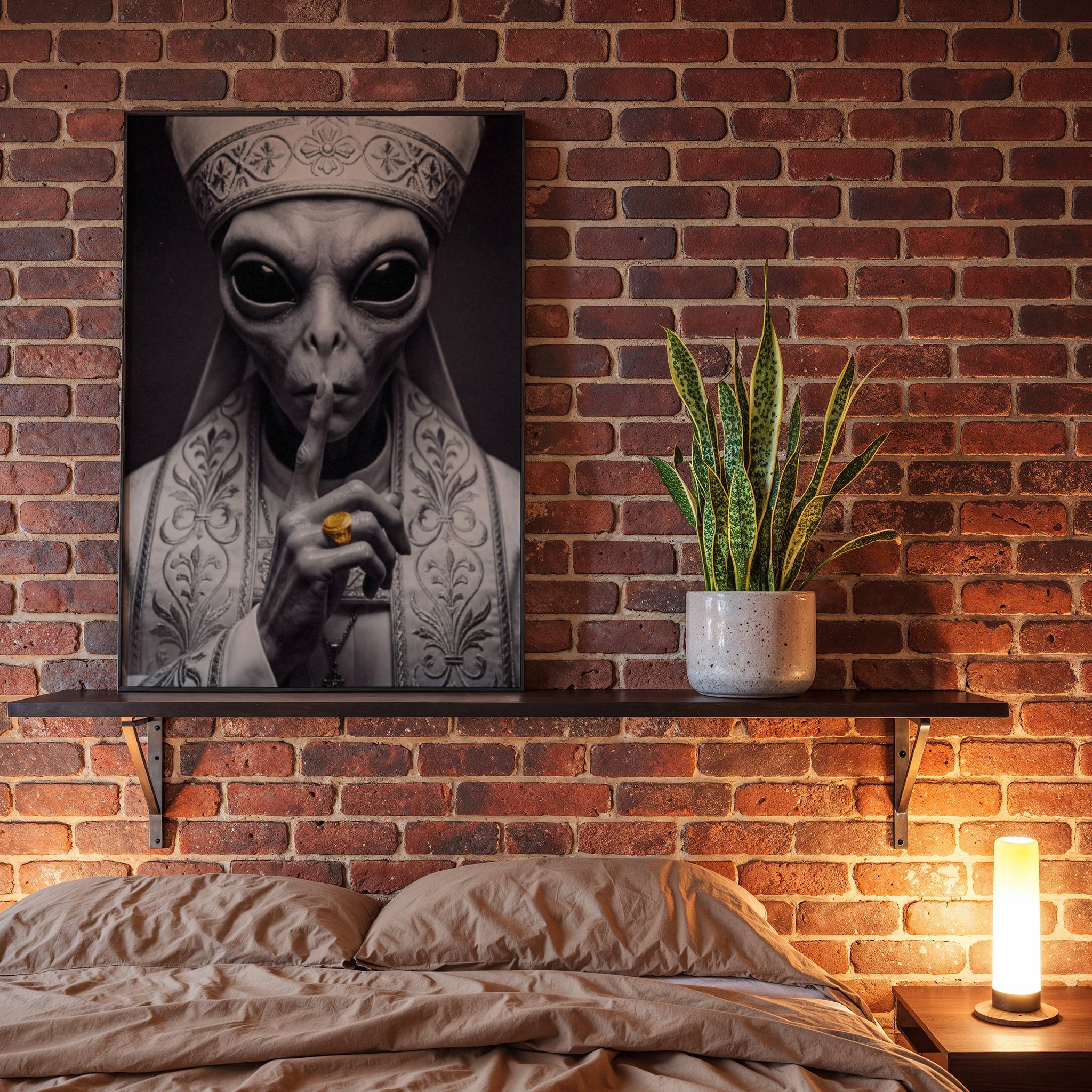 Intimate dark monochrome portrait of a grey alien dressed in ornate papal robes and mitre raising one long finger to its lips in silence, a gold ring the only colour in a stark and atmospheric black and white composition — bold dark bedroom wall art print – unframed dark alien poster for bedroom, ufoposter.com