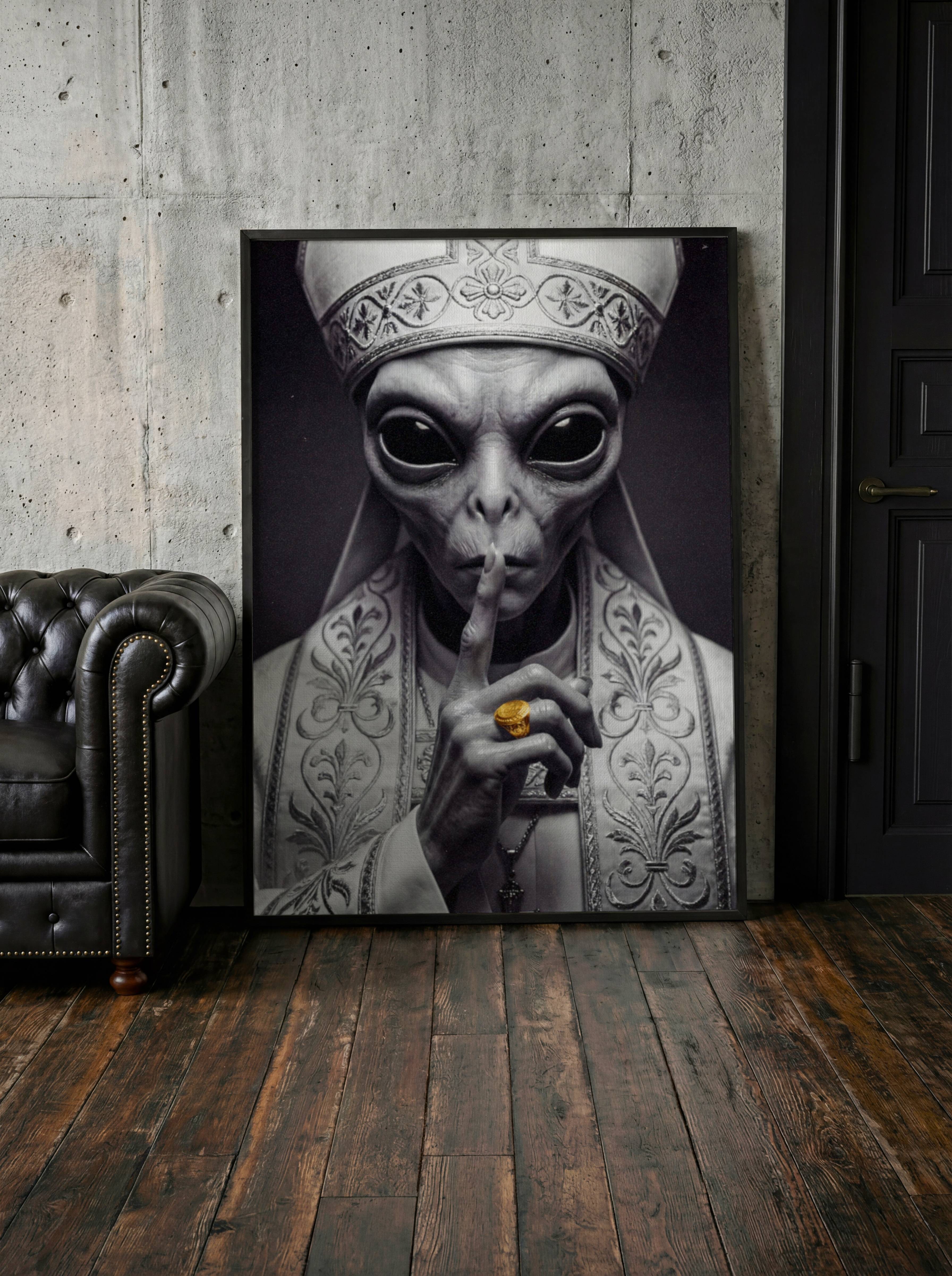 Breathtakingly composed dark monochrome portrait of a grey alien dressed in the most ornate papal vestments and mitre, its enormous black eyes holding the viewer in absolute stillness as one long alien finger presses deliberately to its lips — a gold ring the only warmth in an otherwise cold and commanding black and white composition — provocative, sophisticated and deeply unsettling dark sci-fi wall art that demands attention in any living room – unframed dark alien wall poster for living room, ufoposter.com