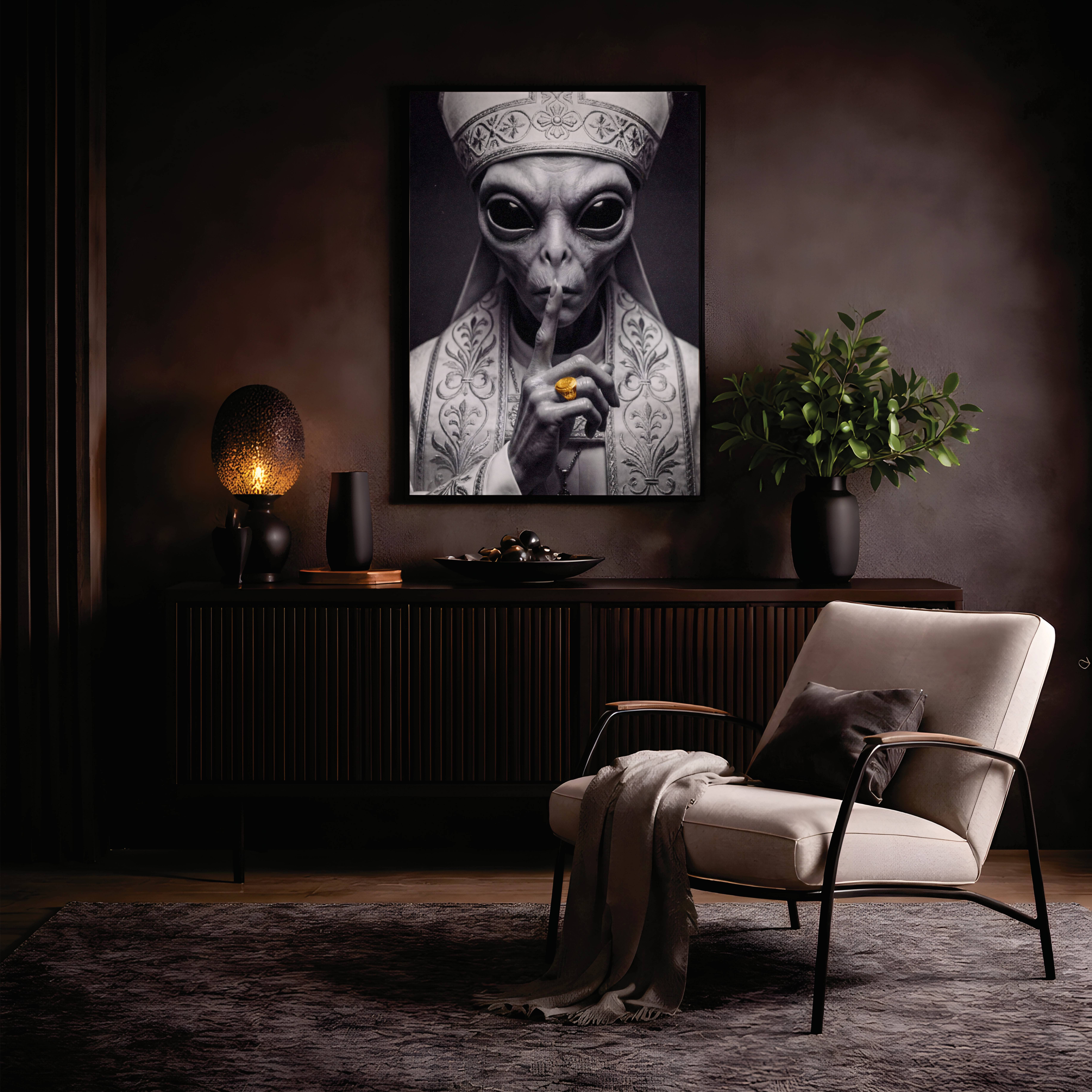 Bold dark monochrome portrait of a grey alien in papal robes and mitre holding one finger to its lips with a gold ring — a genuinely provocative and thought-provoking dark sci-fi wall art statement for any living room – unframed dark alien living room poster, ufoposter.com