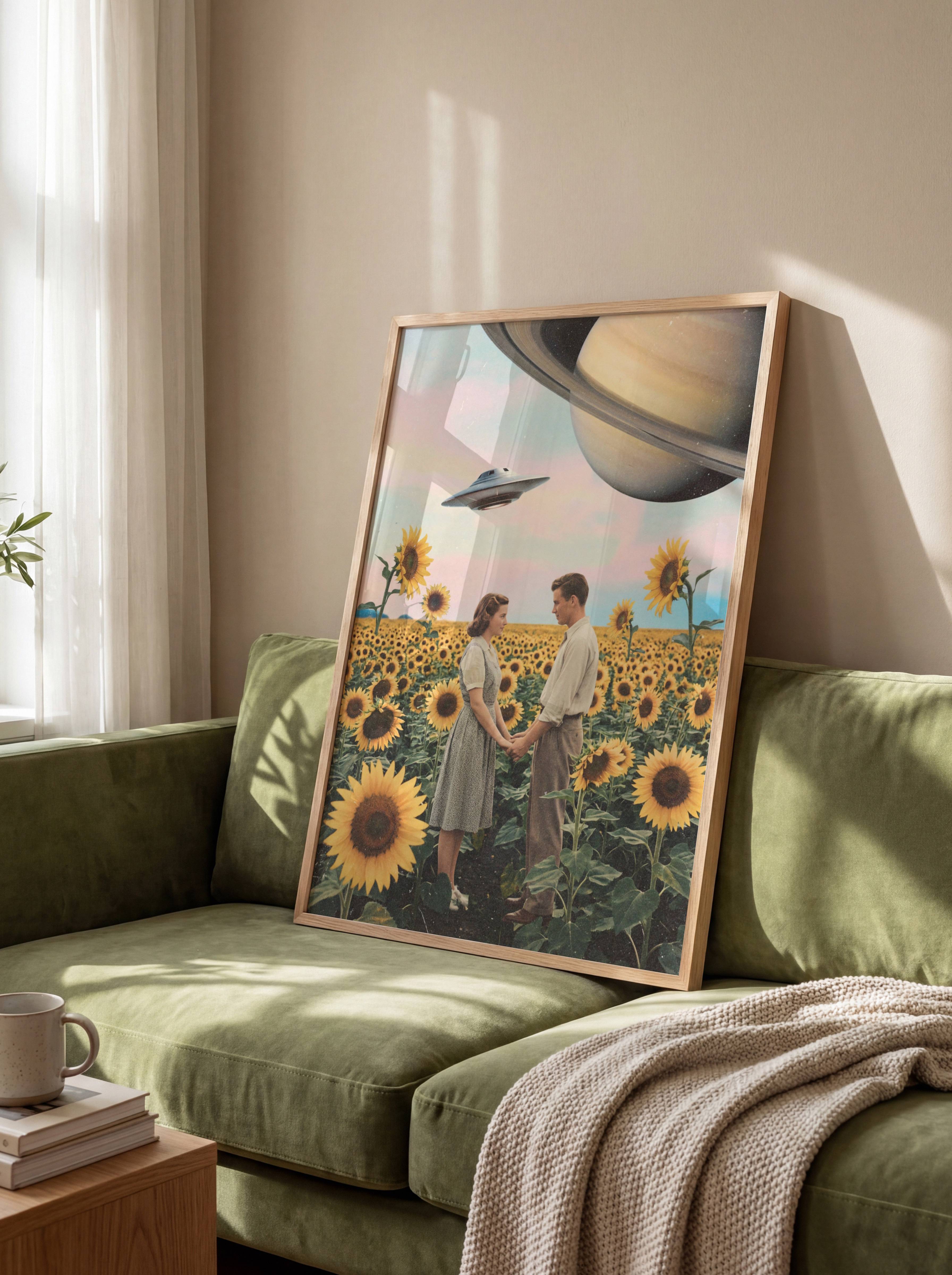 Warm pastel retro collage of a 1950s couple holding hands in a vast sunflower field beneath a soft pink sky with Saturn filling the corner and a UFO drifting past — a beautifully romantic and distinctive retro bedroom wall art print – unframed funny retro poster for livingroom, ufoposter.com