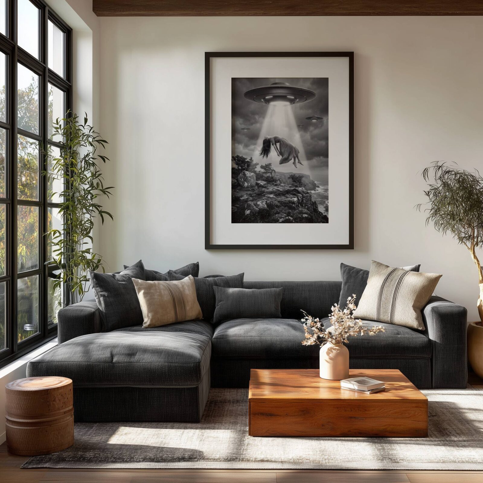 Striking atmospheric black and white surreal artwork of a woman being lifted from a dramatic rocky coastline in a blinding UFO beam, two more spacecraft drifting through heavy storm clouds as windswept pines and a churning sea stretch below — a powerful dark surreal wall art statement for any living room – unframed dark surreal living room statement poster, ufoposter.com