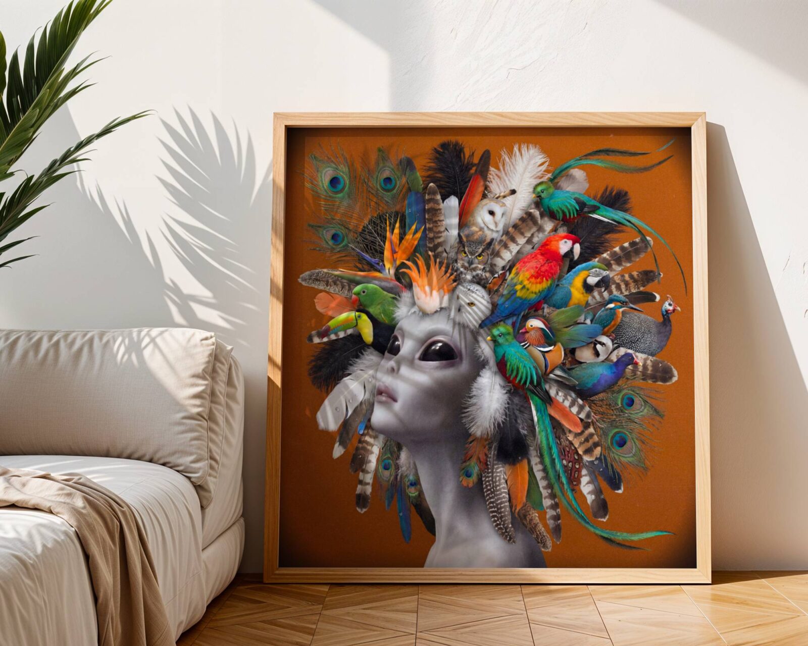 Striking bold surreal portrait of a grey alien crowned with a spectacular gathering of exotic birds in every colour against a warm burnt orange background — a genuinely extraordinary and joyful alien wall art statement for any living room – unframed colourful alien bird living room poster, ufoposter.com