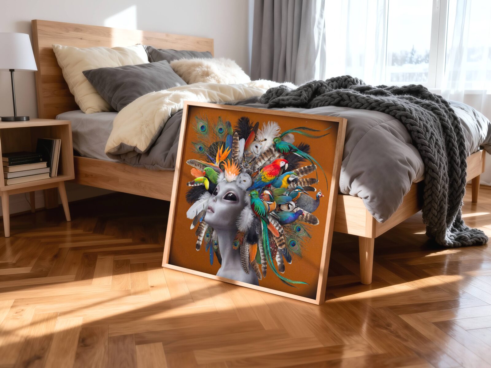 Bold vibrant surreal portrait of a grey alien with large dark eyes crowned with an extraordinary gathering of exotic birds — scarlet macaw, toucan, barn owl, quetzal and mandarin duck — peacock and tropical feathers cascading against a warm burnt orange background — a striking and spectacular alien wall art print for bedroom decor – unframed colourful alien bird bedroom poster, ufoposter.com